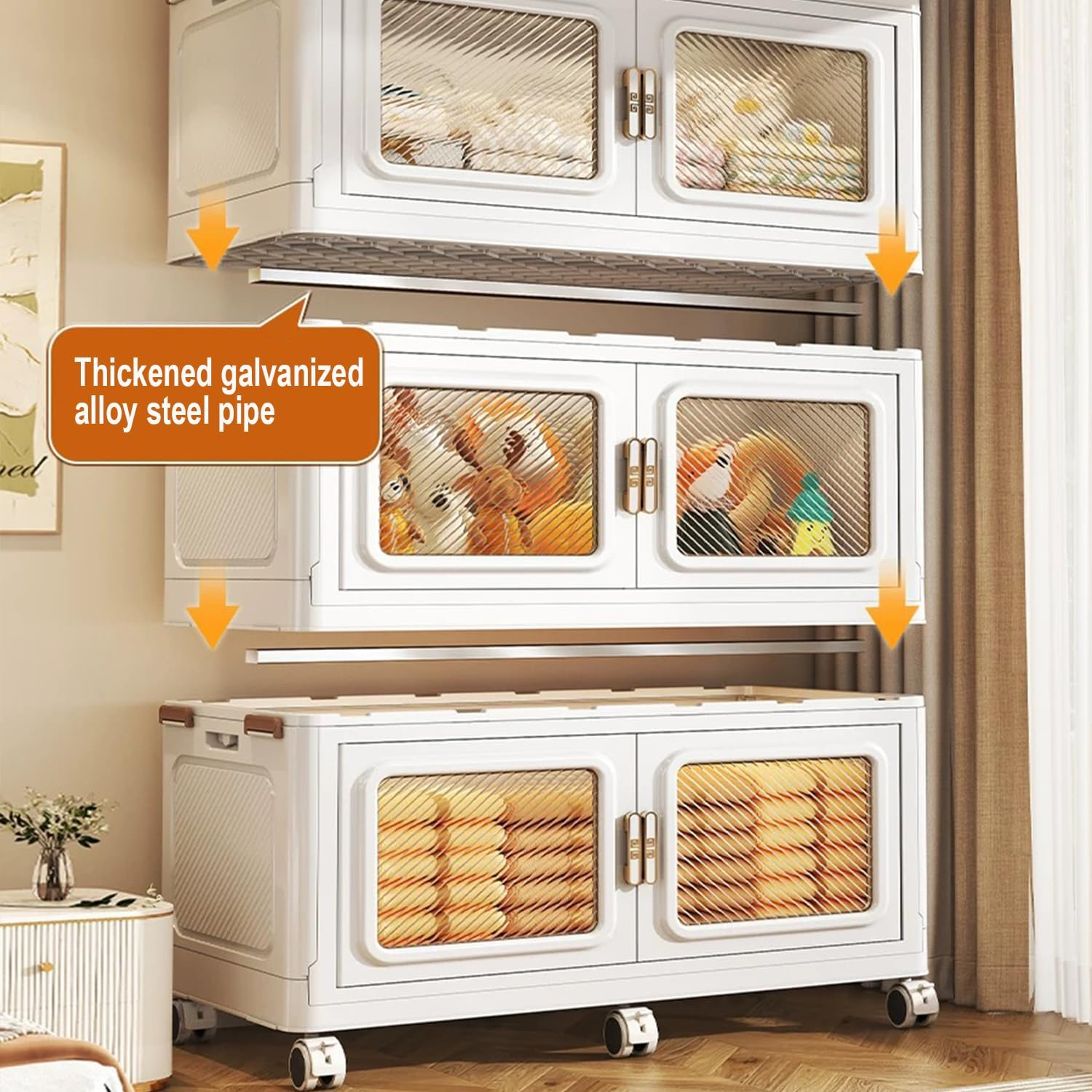 MOTYYA 660 Qt Stackable Storage Bin with Lid, 165Gal Extra Large Collapsible Storage Boxes, Folding Plastic Drawer, Heavy-Duty Store Cabinet, Closet Organizer for Home Kitchen, 3 Pack White image number 1