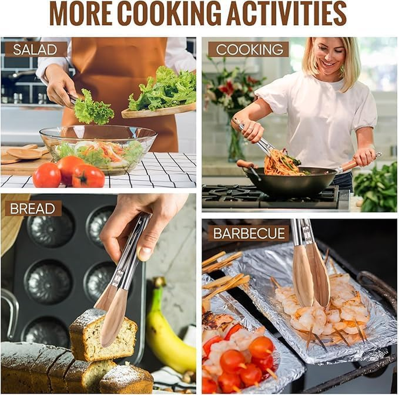 Cooking Tongs (2) Wooden Kitchen Tongs Long Handle with Non-Slip Grip,Wooden Utensil Set for Serving Salad Desserts Flipping Burgers Grilling Etc image number 4