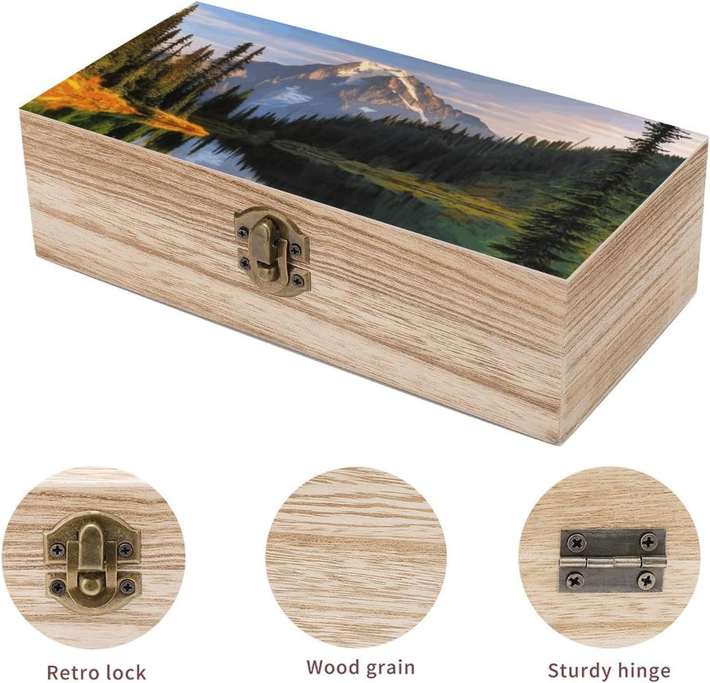 Mountain Lake Wooden Box Wood Wedding Keepsake Boxes with Lids Small Decorative Boxes Lightweight Wooden Memory Storage Box for Crafts Keepsakes Jewelry Photo Letter Storage image number 2