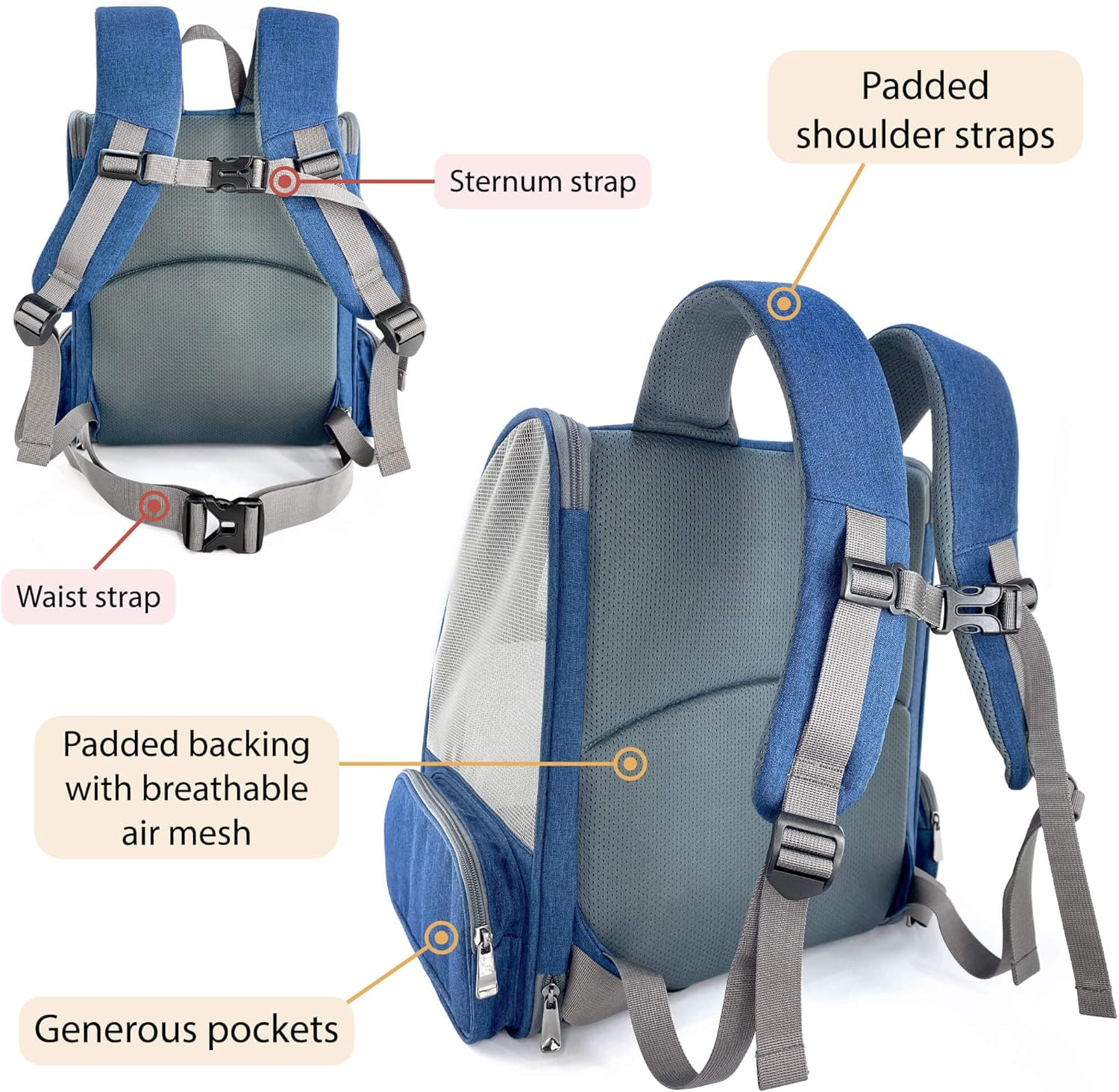 PIPCO PETS - Backpack Carrier for Dogs, Cats, Rabbits, Small Pets | Pet Travel Bag for Walking, Hiking, Cycling, Biking | Mesh Ventilation, Comfortable Padding, Collapsible Design (Denim Blue) image number 5