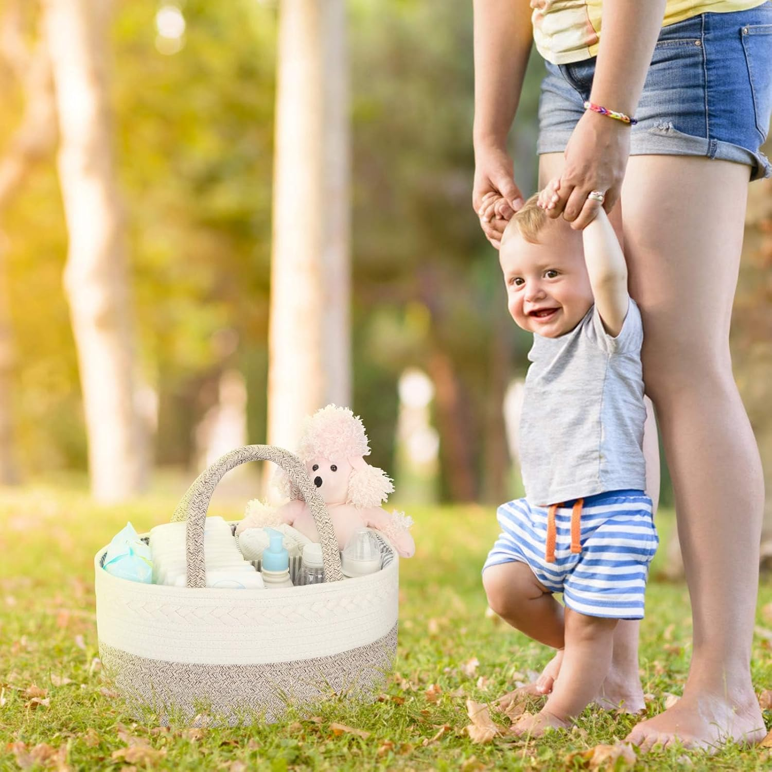 ATDORO Baby Diaper Caddy Organizer, X-Large Cotton Rope, Rustic Style, Portable, 3 Compartments Large Storage Basket