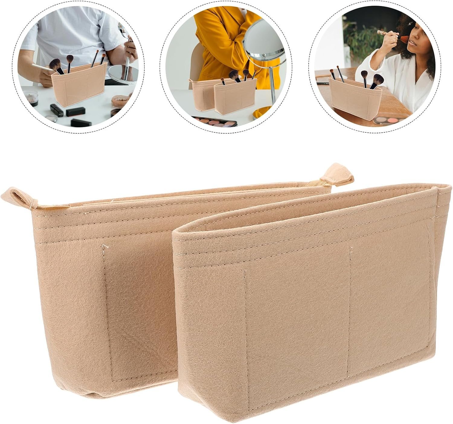 DRESSOOS 2Pcs Felt Purse Organizer Insert Bag Set with Zipper and Open Top Small Tote Bag Insert Organizer for Handbags and Travel Beige Wool Felt Handbag Liner image number 1