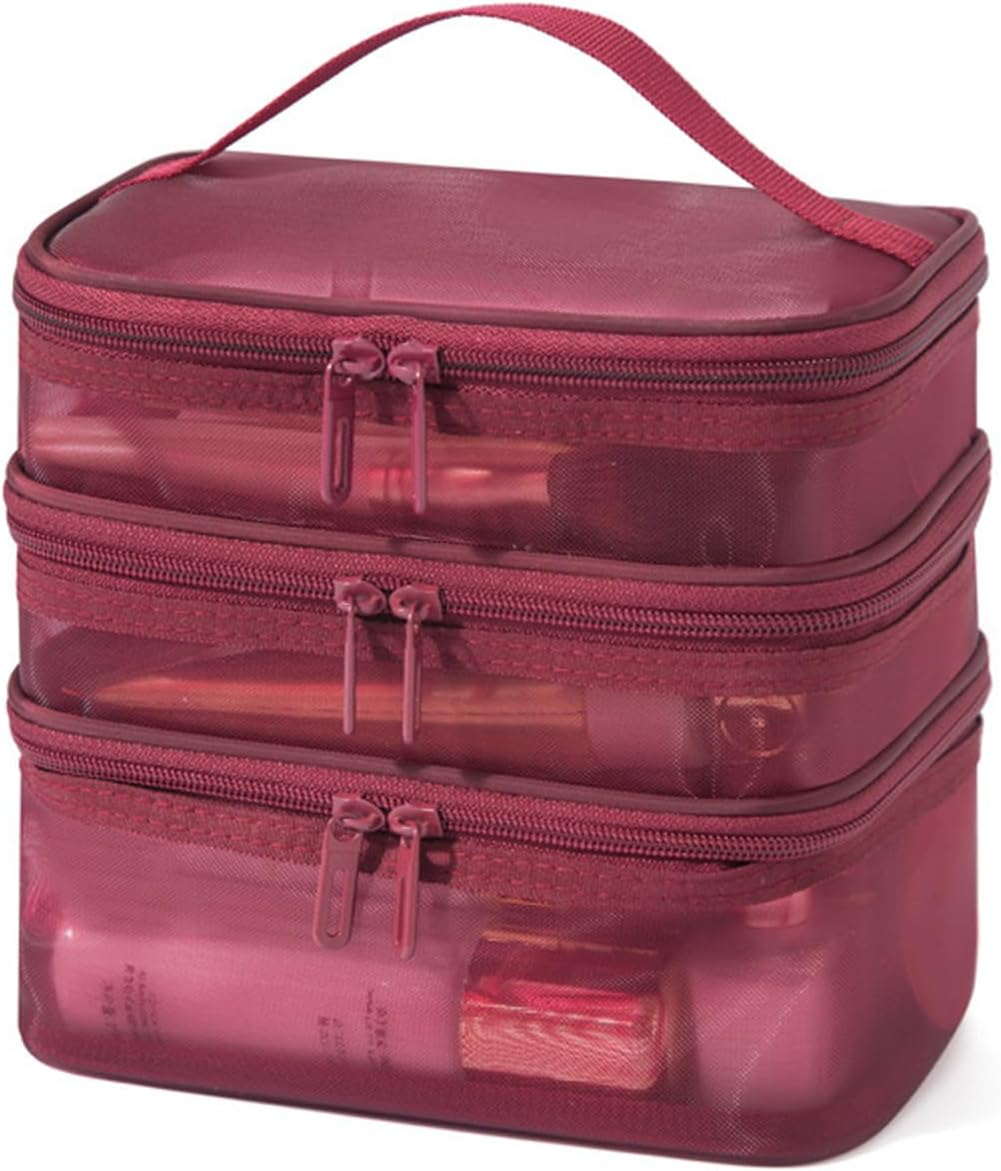 TRADERPLUS Triple Double Layer Travel Makeup Bag Mesh Bag for Women Cosmetic Cases Make up Organizer Toiletry Bags (Black)