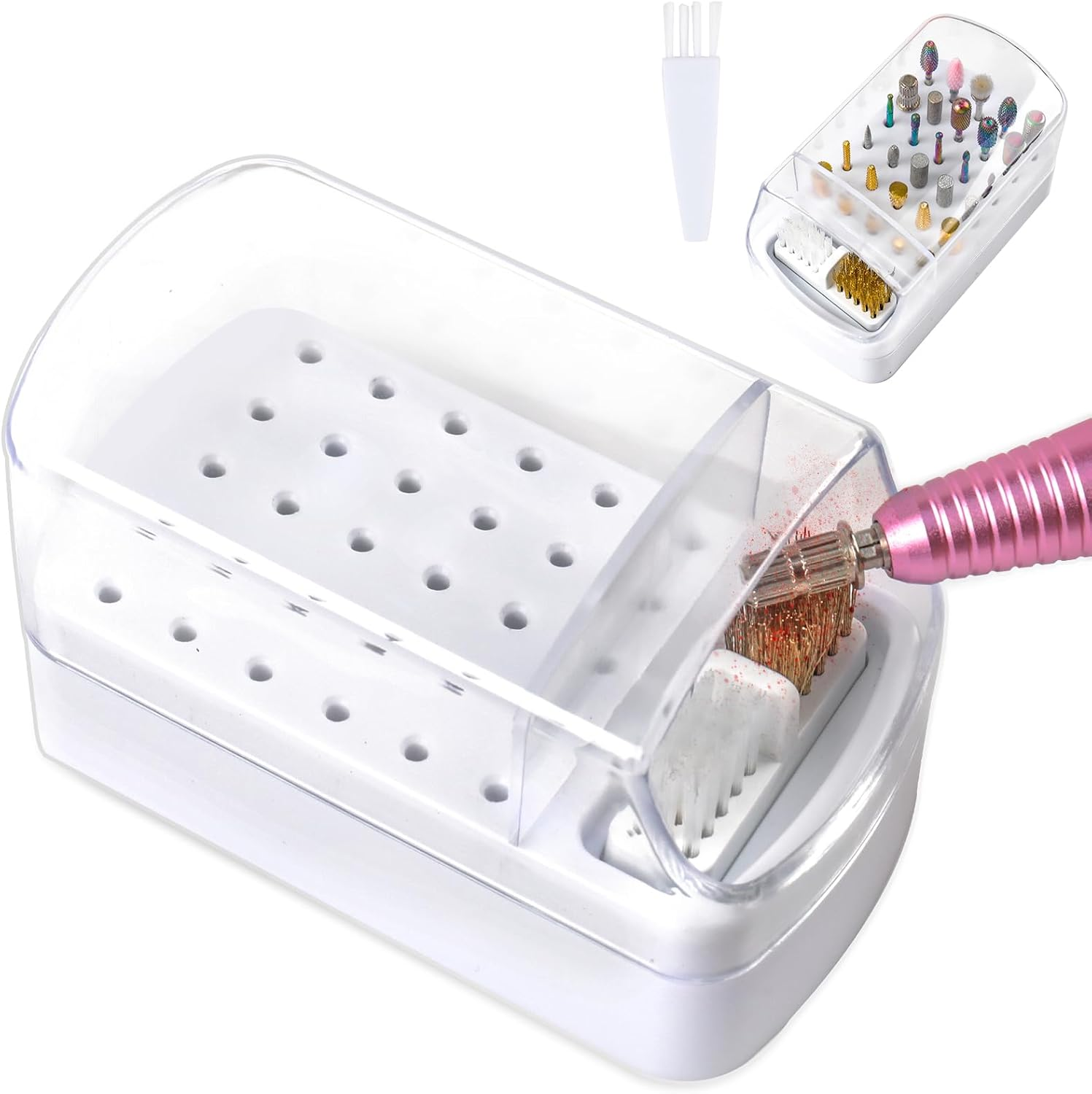 2 in 1 Nail Drill Bits Holder & Nail Drill Bits Cleaning Brush Case,30 Holes Dustproof Nail Art Drill Bits Stand Display Storage Box and Nail Drill Bits Cleaner Manicure Tools (White)