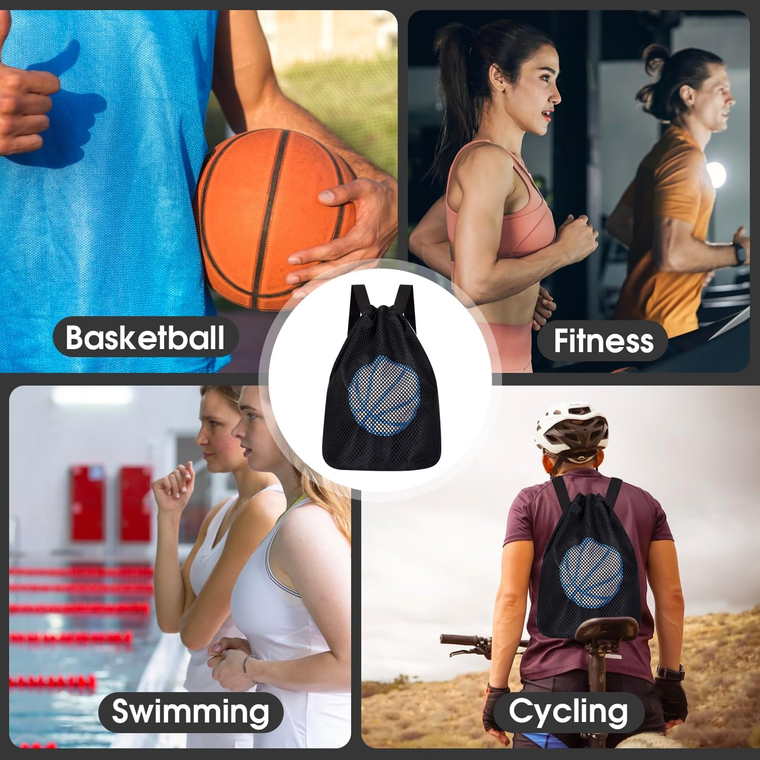 Sonicefit Drawstring Backpack Basketball Bag, Foldable Sports Sackpack Gym Bag for Boys Girls, Lightweight Gym Sack String Bag Cinch Beach Swim Bag for Travel Soccer Football Rugby Swim image number 5