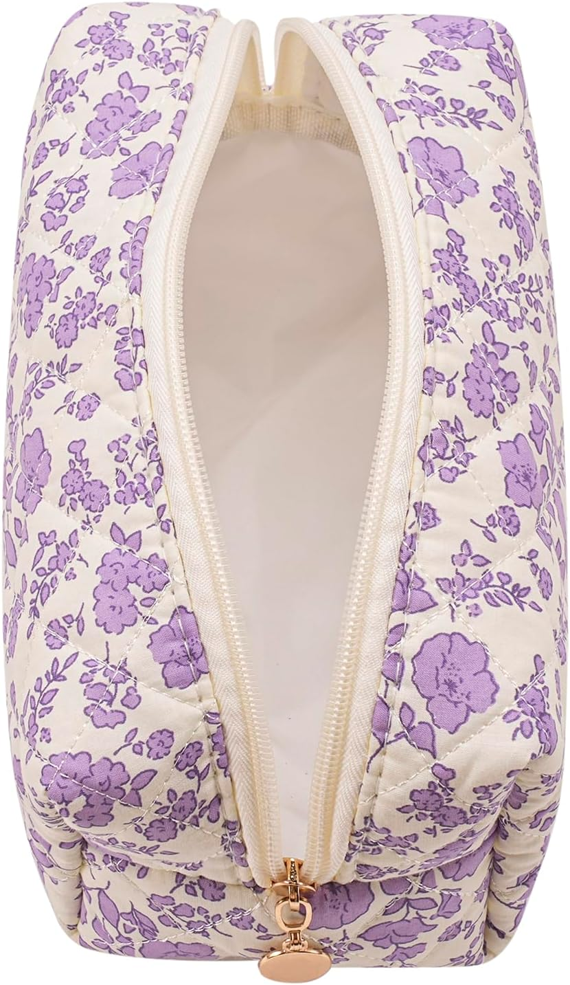 Gleyemor Small Quilted Makeup Bag for Women, Cute Floral Bow Cosmetic Bag, Emergency Bag Travel Toiletry Cotton Pouch Gifts for Girls Her Mom Friend Sister Bridesmaid, Purple Floral - 04 Small Blue Bowknot image number 4