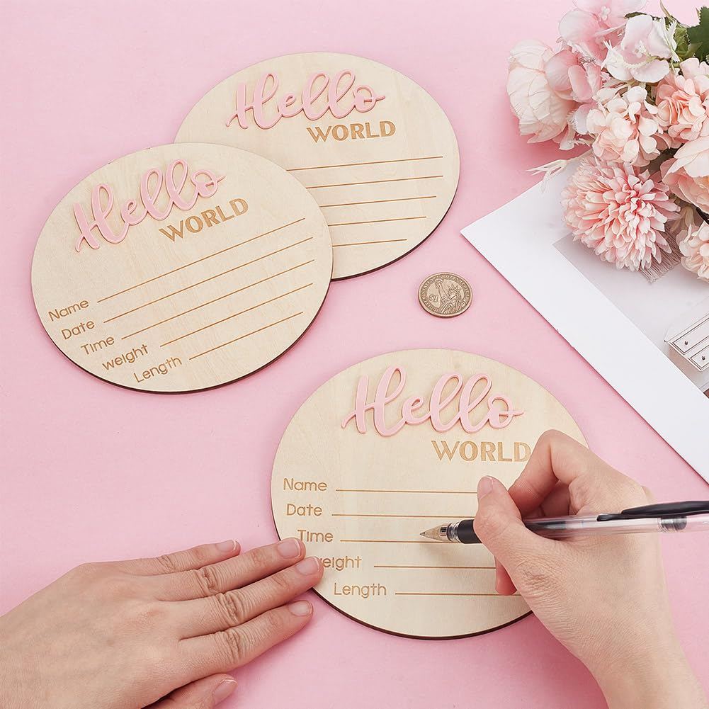 HOBBIESAY 3Pcs Pink Announcement Sign Wooden Hello World Newborn Welcome Board Stat Plaque Souvenir and Gifts for New Parents Home Hospital Nursary Decoration image number 1