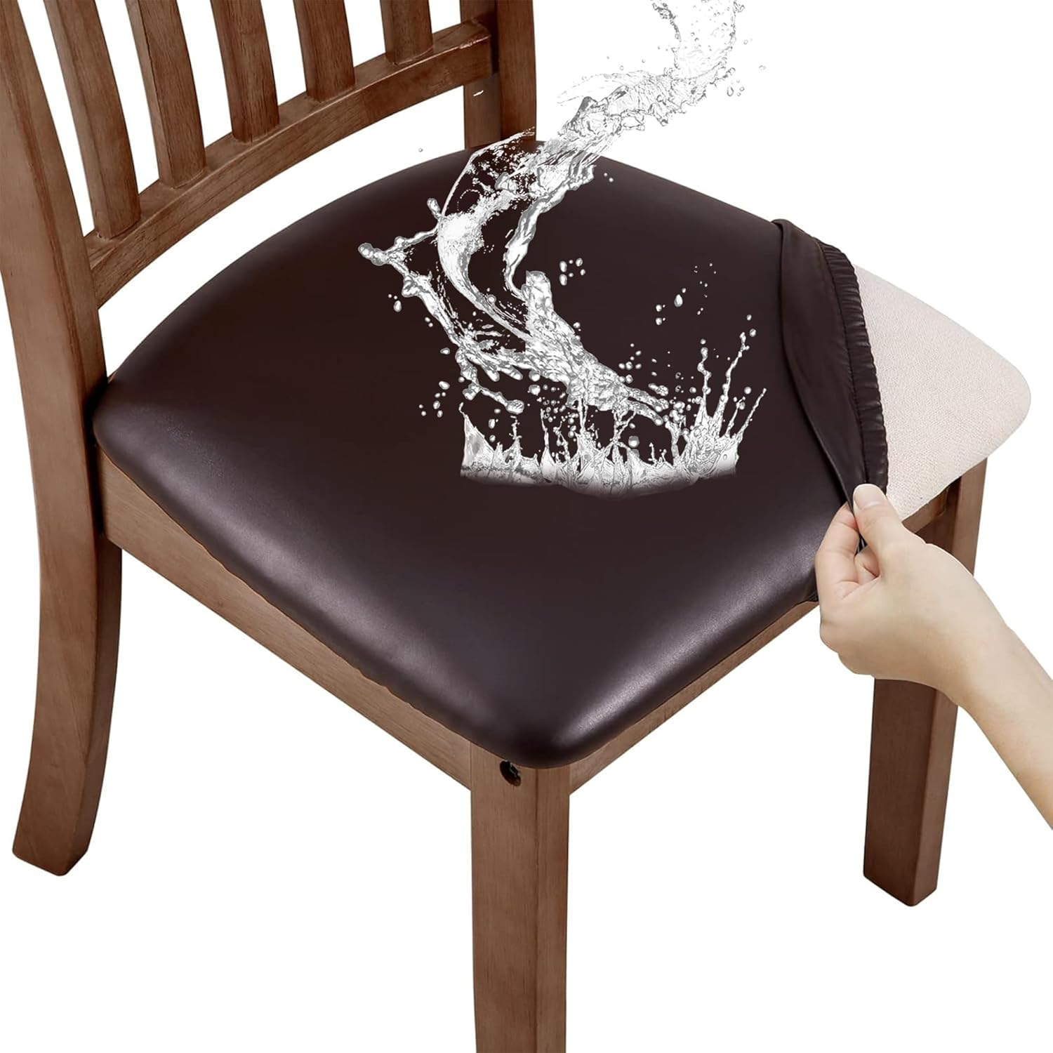 6 PCS PU Leather Dining Chair Seat Covers, Waterproof Stretch Chair Slipcovers, Seat Protectors for Kitchen & Dining Room Chairs (Black)