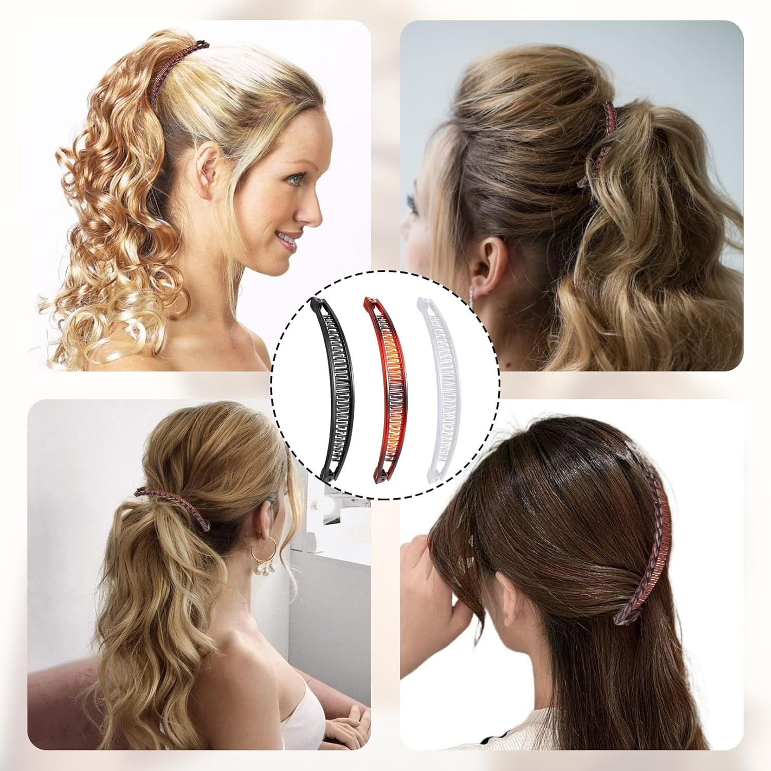 Pack of 3 Banana Clips, Banana Hair Clips, Banana Hair Clips, Banana Clip Hair for Women and Girls (Black, White, Brown) image number 4