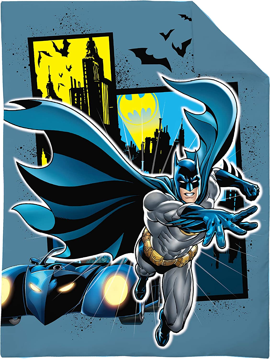 Batman - Blue Yellow & Grey 4Piece Toddler Bed Set - Comforter, Flat Top Sheet, Fitted Bottom Sheet, Reversible Pillowcase, Blue, Yellow, Black image number 2