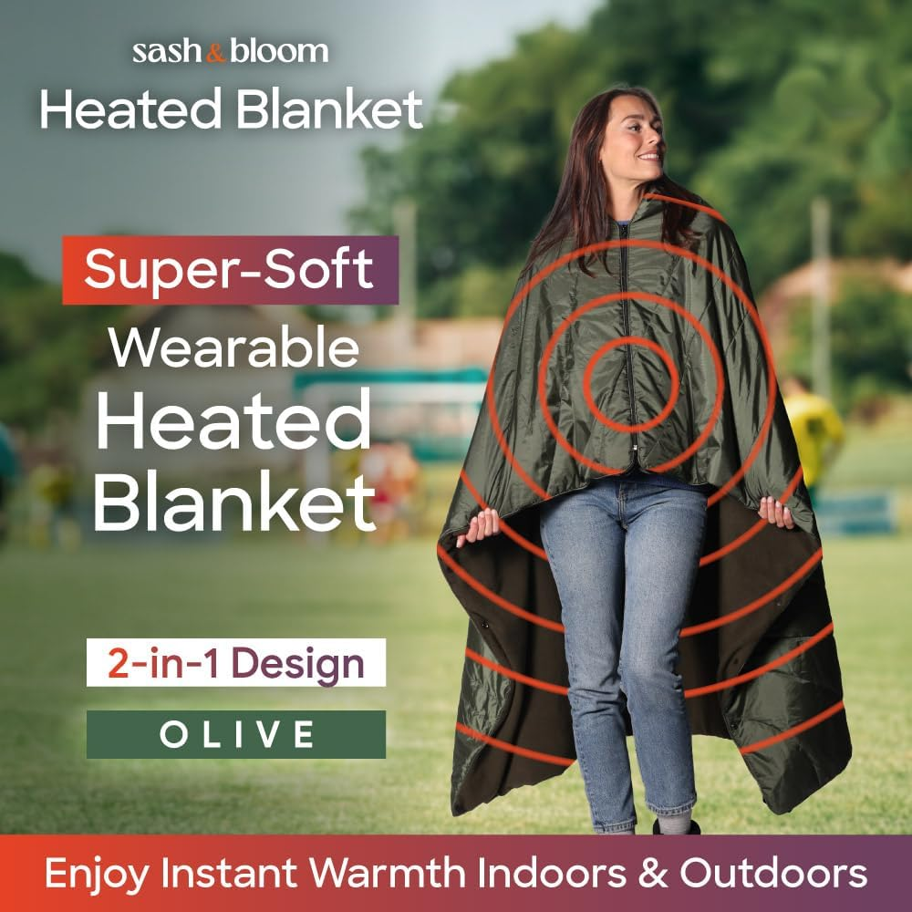 Sash & Bloom Heated Blanket - Olive - Portable Outdoor Heated Blanket with Zip and Buckles for Lounging and Wearing image number 4