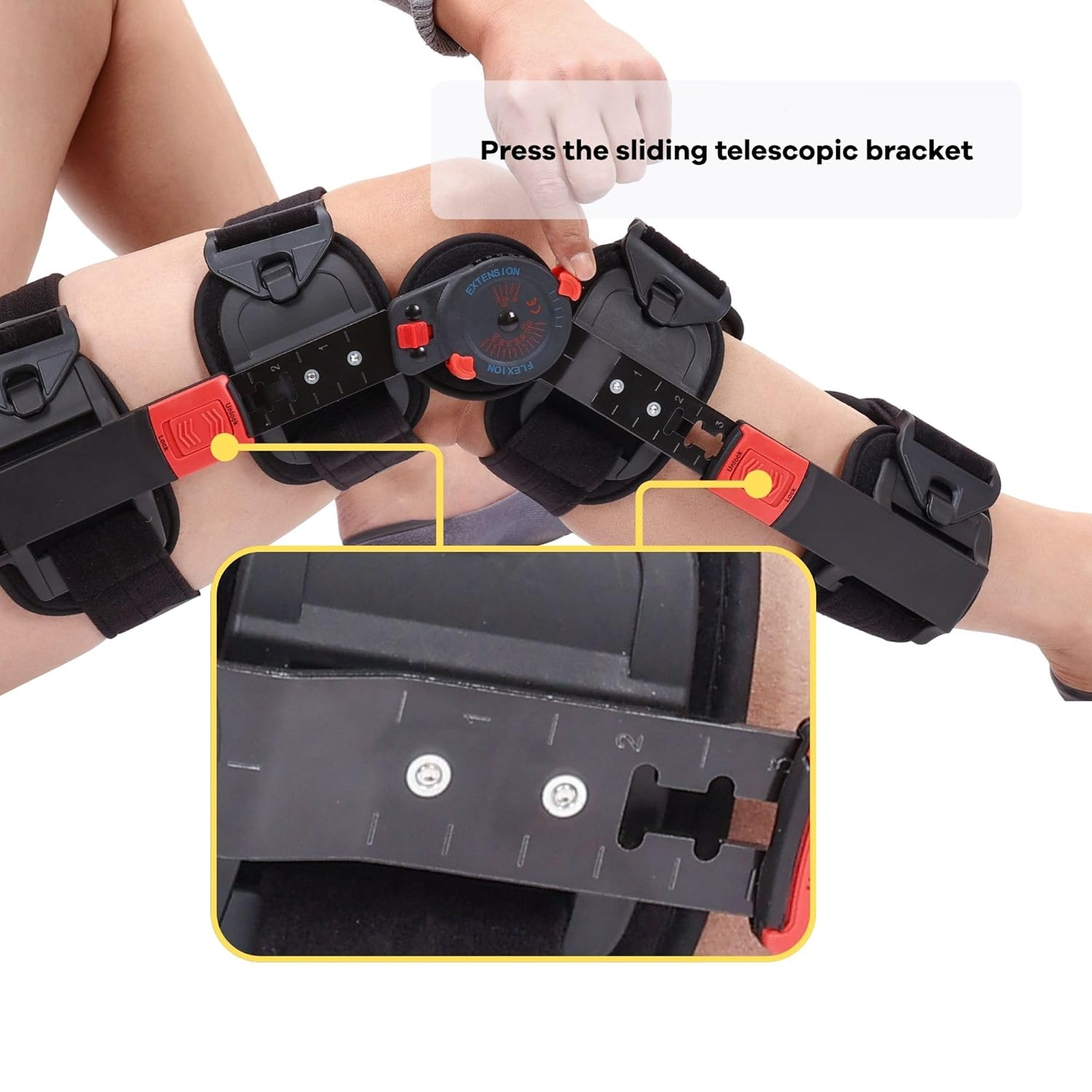 GHORTHOUD Hinged ROM Knee Brace with Shoulder Strap Post Op Knee Immobilizer Adjustable Knee Support with Side Stabilizers Medical Knee Orthopedic Support for Men and Women, Left or Right Leg (Red) image number 2