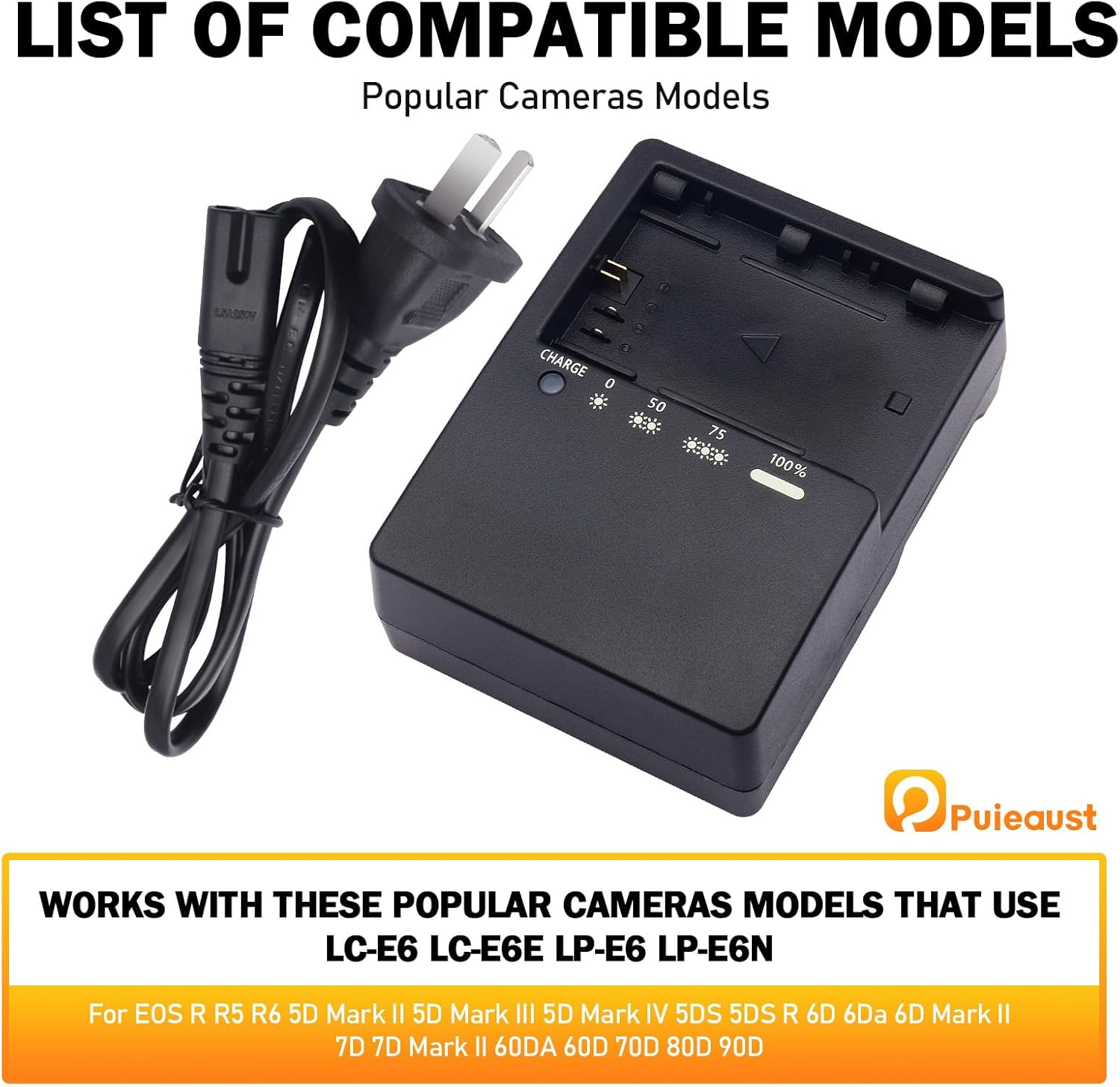 LP-E6 Charger for Canon LC-E6 LC-E6N Battery EOS 90D 80D 70D 60D 60DA 7D Mark II 7D 6D Mark II 6D 5D Mark IV 5D Mark III 5D Mark II 5Ds 5DSR EOS R5 R5 C R6 R6 Markii R7 SLR Digital Camera Power