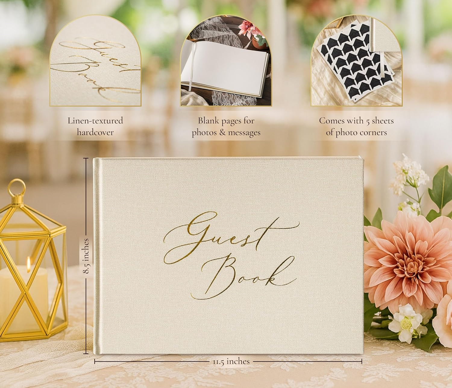 Modern Album Designs Luxury Cream Linen Guest Book &ndash; Large 11.5X8.5&rdquo; Hardcover with Gold Foil Embossed Cover, Lined Pages & Gilded Edges &ndash; Elegant Wedding, Baby Shower, Birthday Memory Book - Lined Guest Book image number 4