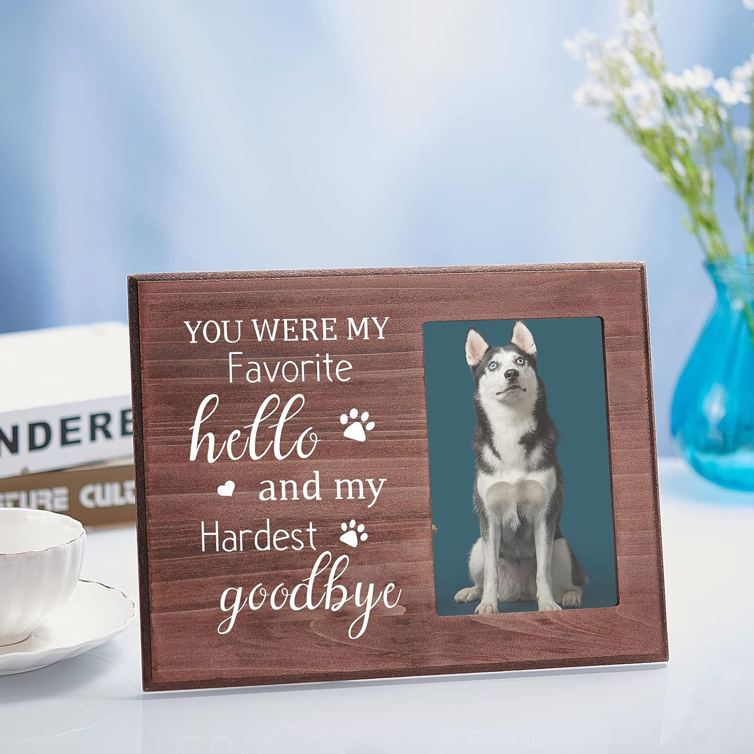 FINGERINSPIRE 15X10Cm Picture Frame Pet Memorial Picture Frame with Paw Prints Saddle Brown Wood Photo Frame Rectangle Frame with You Were My Favorite Hello and My Hardest Goodbye Words image number 4