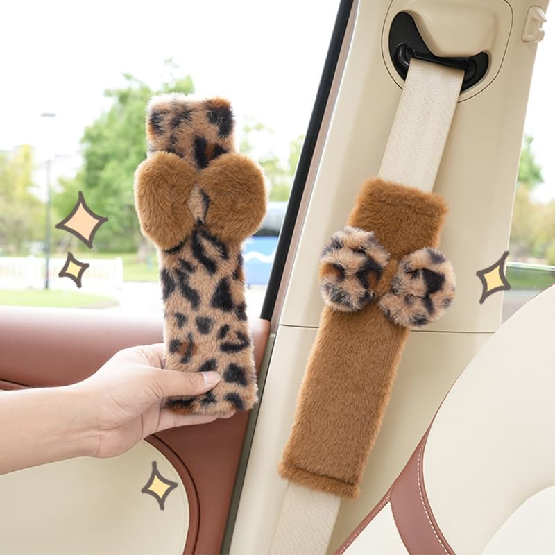 JINXU 2 Pack Seat Belt Cover Pad, Cute Plush Leopard Print Seatbelt Covers Seatbelt Shoulder for More Comfortable Driving, Plush Fluffy Soft Seat Belt Cover, Car Interior Accessories - Brown Bow image number 3