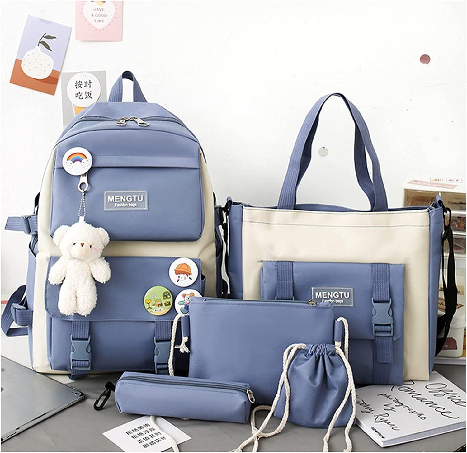 5Pcs School Bags Set Backpacks with Pendant Lunch Bag Pencil Case Handbag Coin Purse for Teen Girls School Backpack Blue image number 5