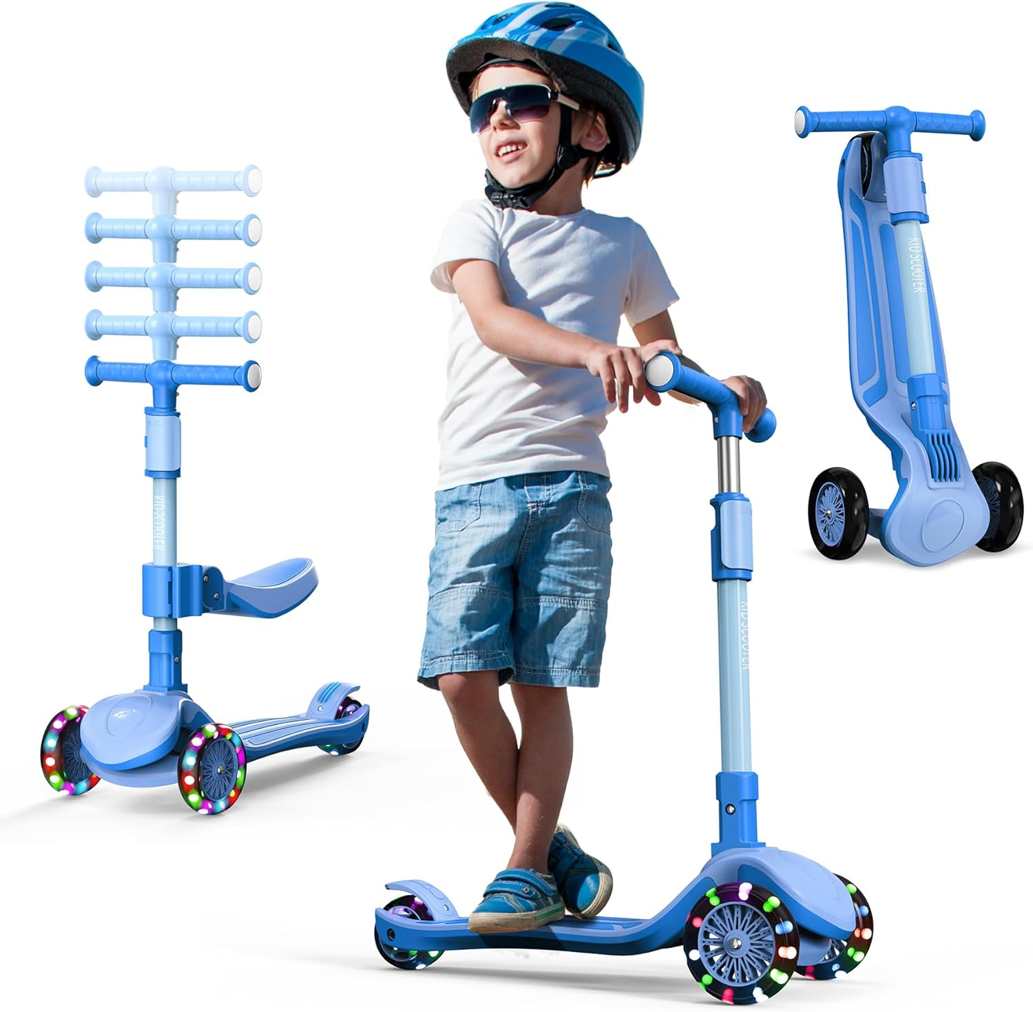 2-In-1 Adjustable Kick Scooter for Kids 3-12 Years,5-Level Handlebar & Removable Seat,Led Light-Up Wheels,Steering Control & Wide Deck,Foldable Design for Indoor/Outdoor Use, (Girls & Boys)