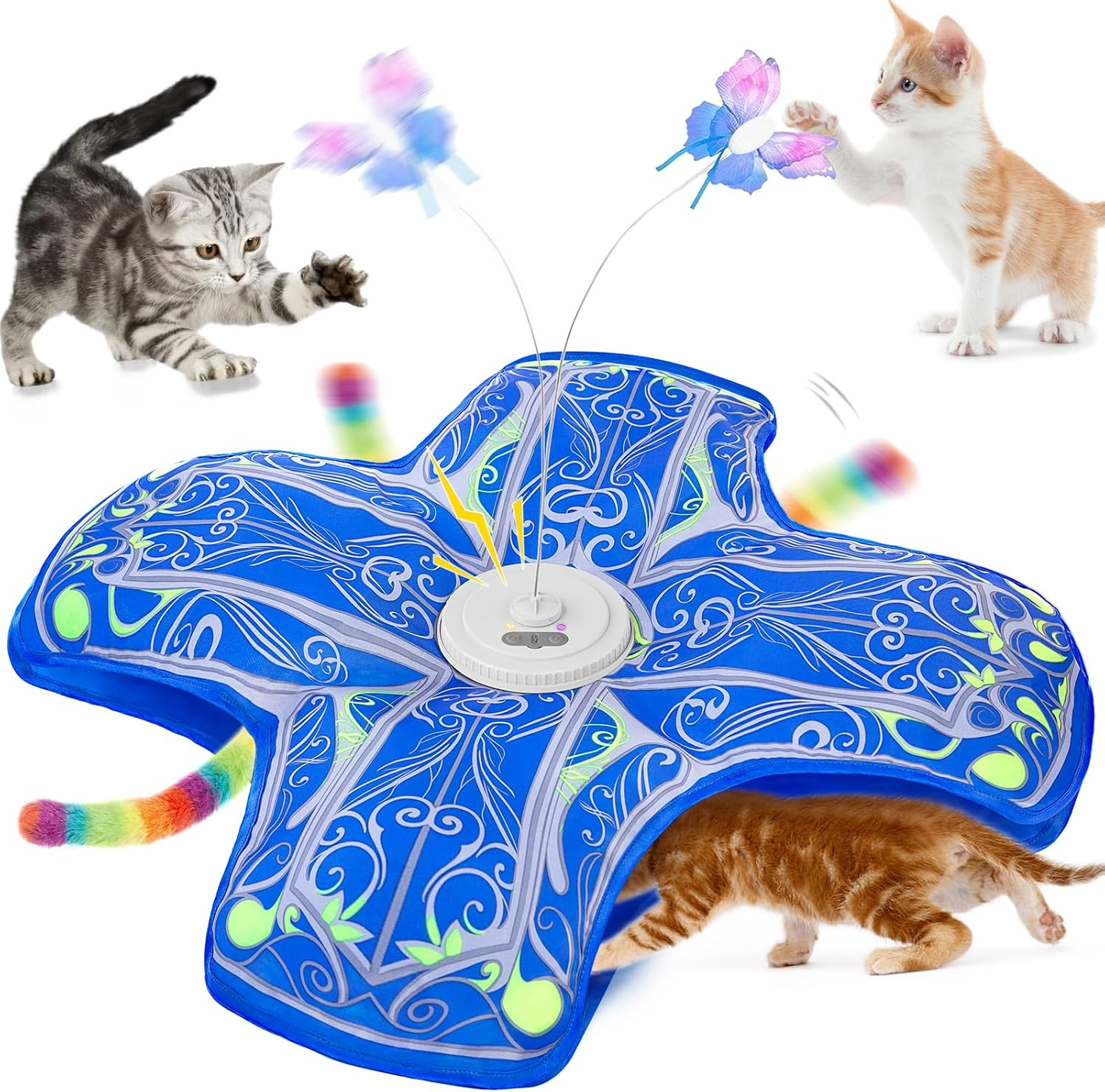 Qraxond Interactive Cat Toys for Indoor Cats,[Newly Upgraded] Rechargeable Touch Activated Hide and Seek Kitten Toy with Fluttering (Blue Cover Cloth Toy) image number 1