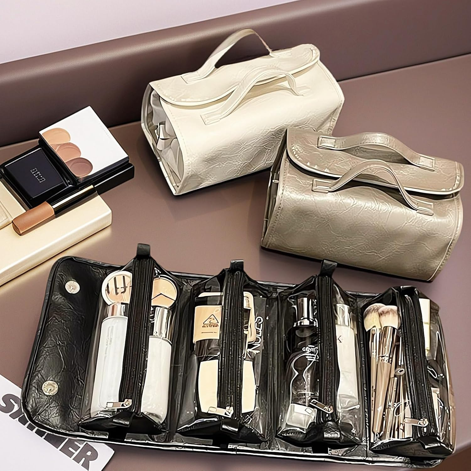 Zaciea Portable Travel Makeup Bag for Women, Foldable Cosmetic Toiletry Bag with Detachable Inner Pockets (Gray) - Black image number 7