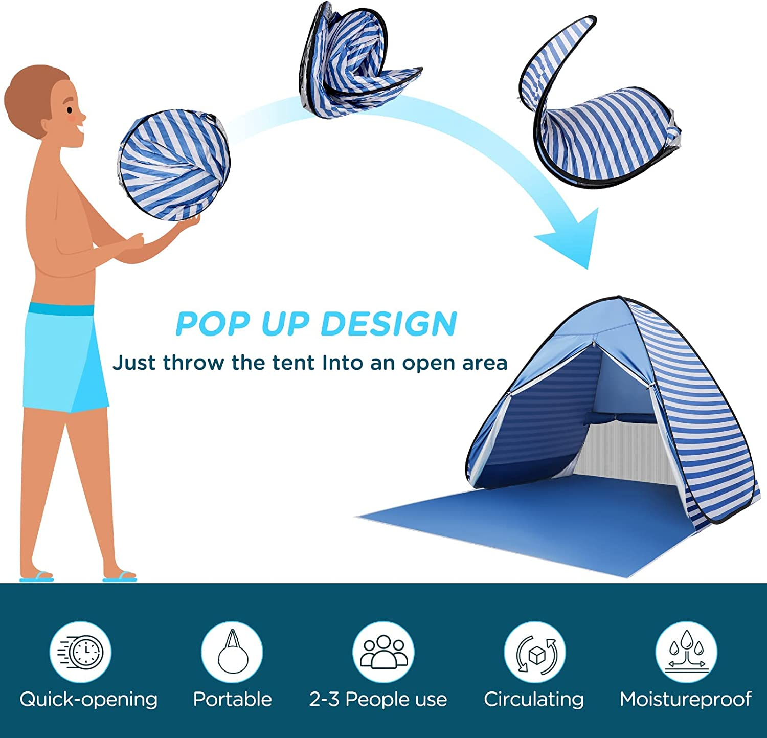 Beach Tents 3-4 Person Pop up Beach Tent Anti-Uv Beach Shade Portable Sun Shelter Foldable Instant Automatic Pop up Tent Easy Set up and Carry Beach Umbrella (Curtain Striped Blue) image number 3