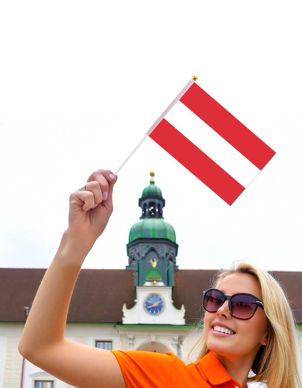 25 Packs Small Austria Flags on Handheld Stick，Miniature Austrian Flag for Outside,4X6 Inch Mini Hand Held Banner with Golden Topper,Patriotic Decorations
