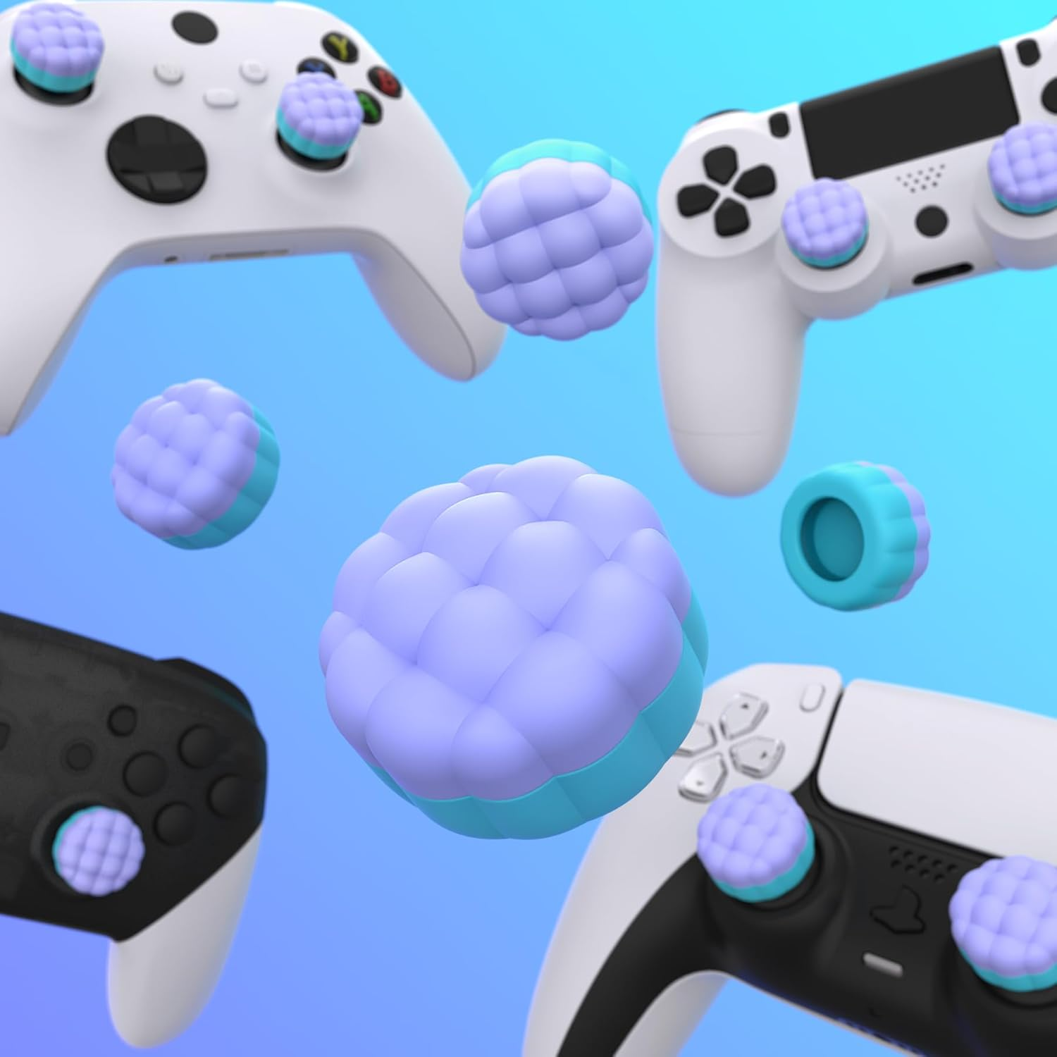 Playvital Thumbs Cushion Caps Thumb Grips for Ps5/Ps4, Thumbstick Grip Cover Joystick Caps for Xbox Series X/S, Xbox One, Elite Series 2, Switch Pro - Puff Cloud Design Light Purple & Aqua Blue