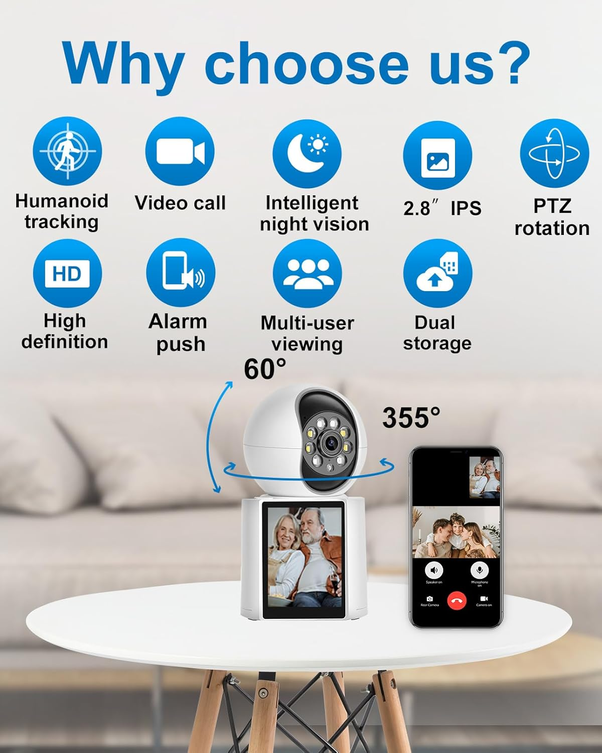 2K Two-Way Video Calling Indoor Camera with 2.8-Inch IPS Screen, One-Button Call, Baby/Elder/Dog/Pet Camera with Phone App, Human/Sound/Crying Detection, Color/Ir Night Vision image number 1