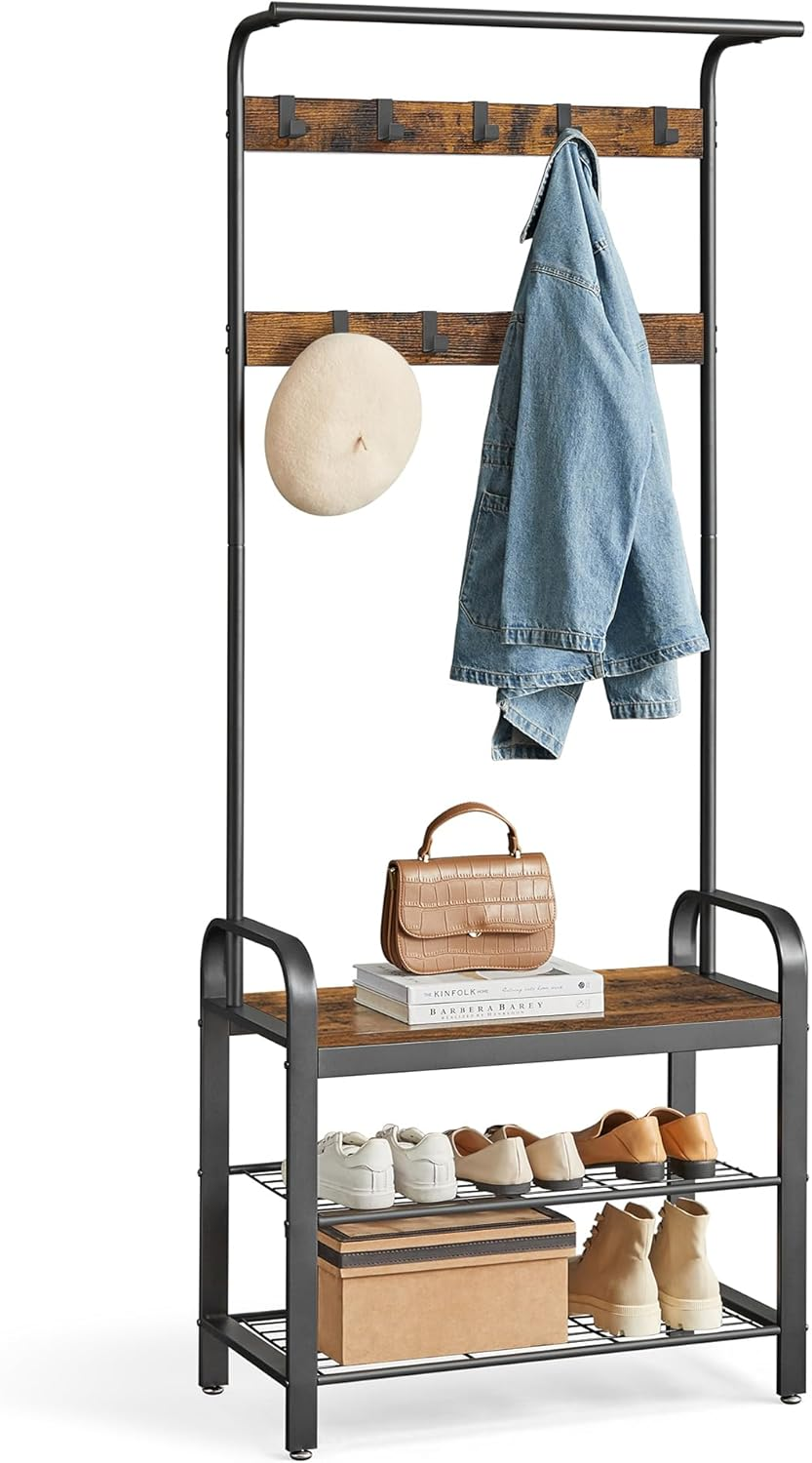 VASAGLE Coat Rack, Coat Stand with Shoe Storage Bench, 4-In-1 Design, with 9 Removable Hooks, a Clothes Rail, for Hallway, Entrance, 33.7 X 72 X 183 Cm, Modern, Oak and Cream HSR40W