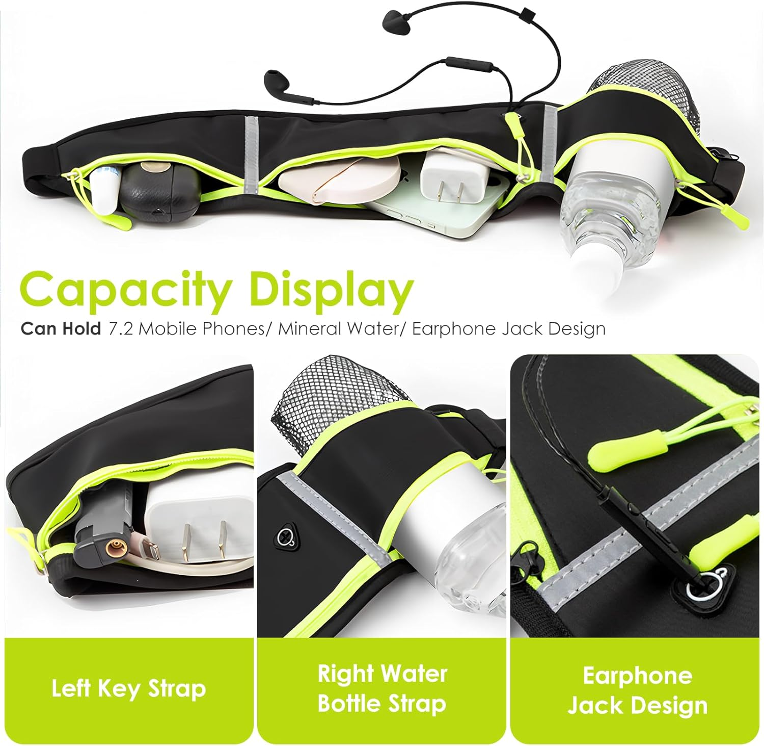 Simpeak Reflective Running Belt Running Waist Bag with Headphone Jack and Water Bottle Strap, Ideal for Running, Fitness and Cycling, with 3 Reflective Wristbands image number 3