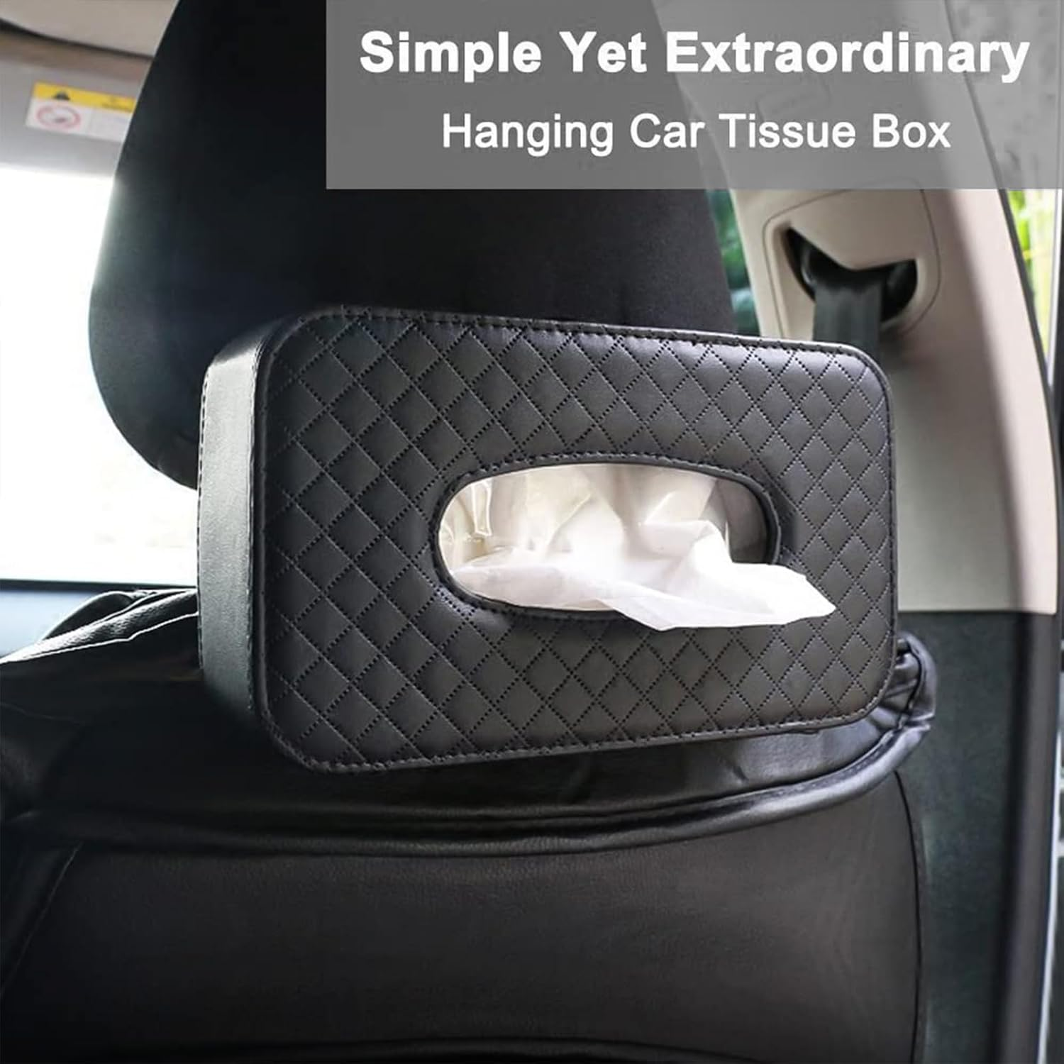 Classic Black PU Leather Car Tissue Holder, Rectangular Wipes Dispenser for Universal Auto, SUV, Model 3, Model Y image number 4