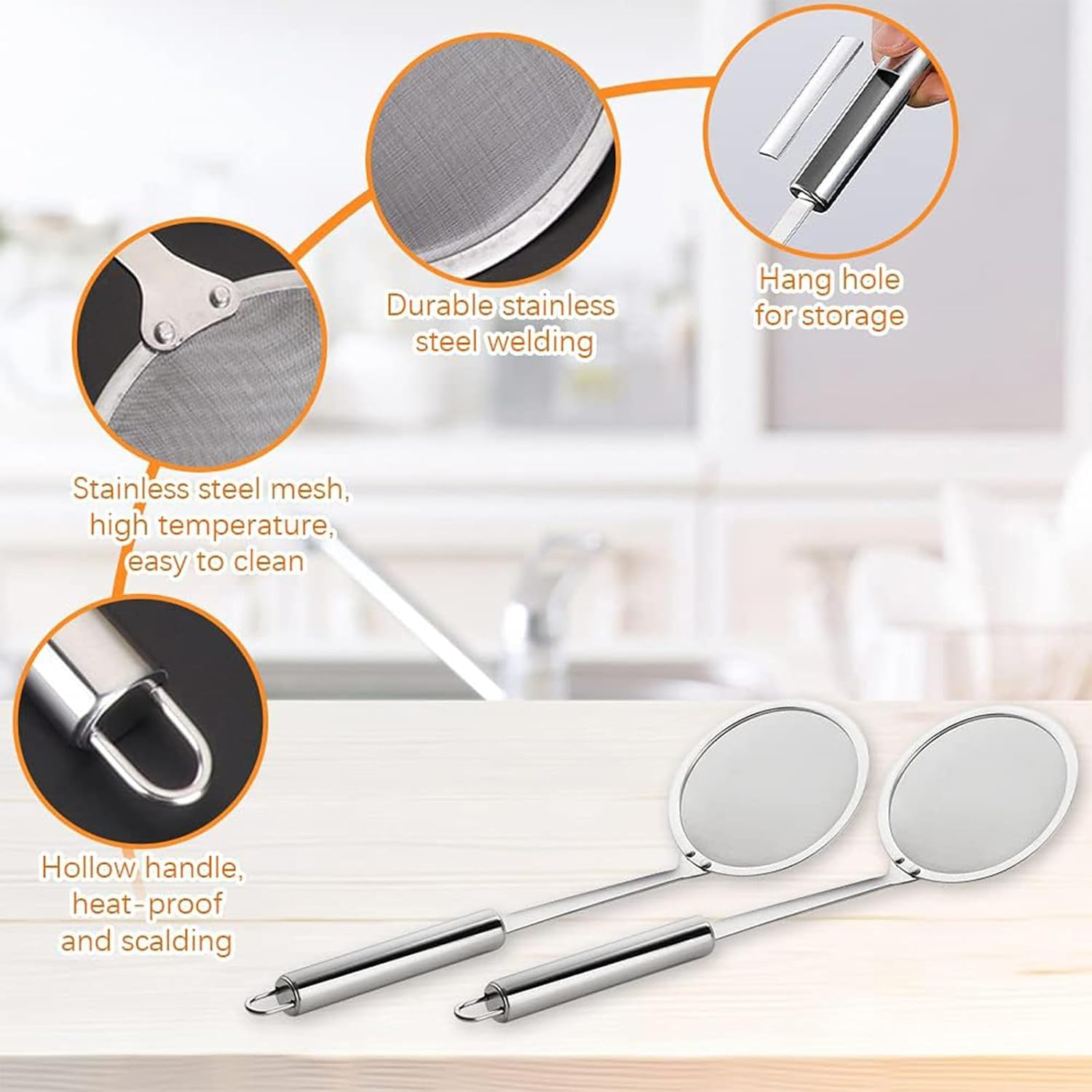 2 Degreasing Spoons 304 Stainless Steel Long Handle Fine Mesh Filter,Hot Pot Fat Skimmer Spoon,Suitable for Fine Pore Food Filter of Grease, Gravy and Foam image number 3