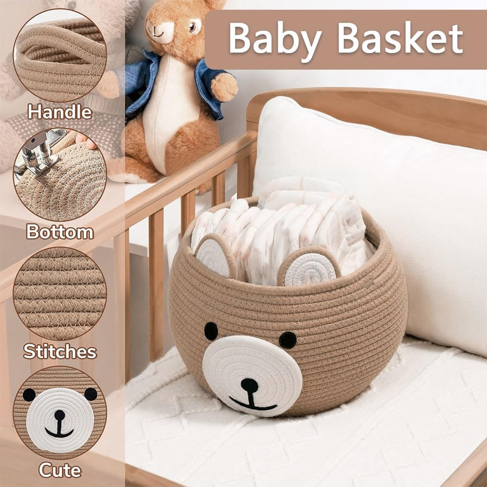 Cotton Rope Baby Basket for Nursery &ndash; Cute Bear Gift Basket for Kids, Small Animal Storage Basket with Handles, Empty Baby Shower Hamper, Khaki image number 5