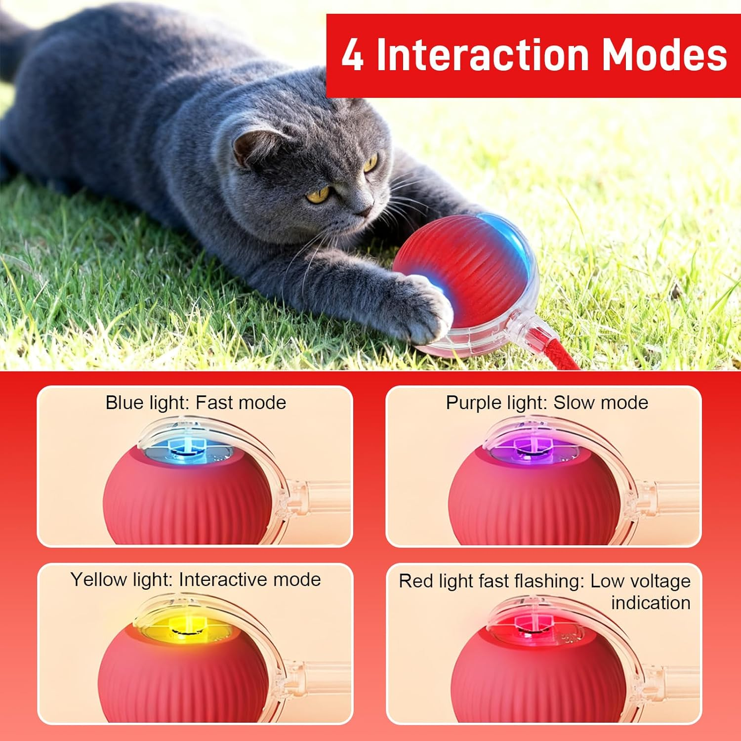 Jeyzuroa Interactive Cat Toy Ball for Indoor Cats, Automatic Moving Cat Toy with Bird Sound, USB-C Rechargeable (Red) image number 1