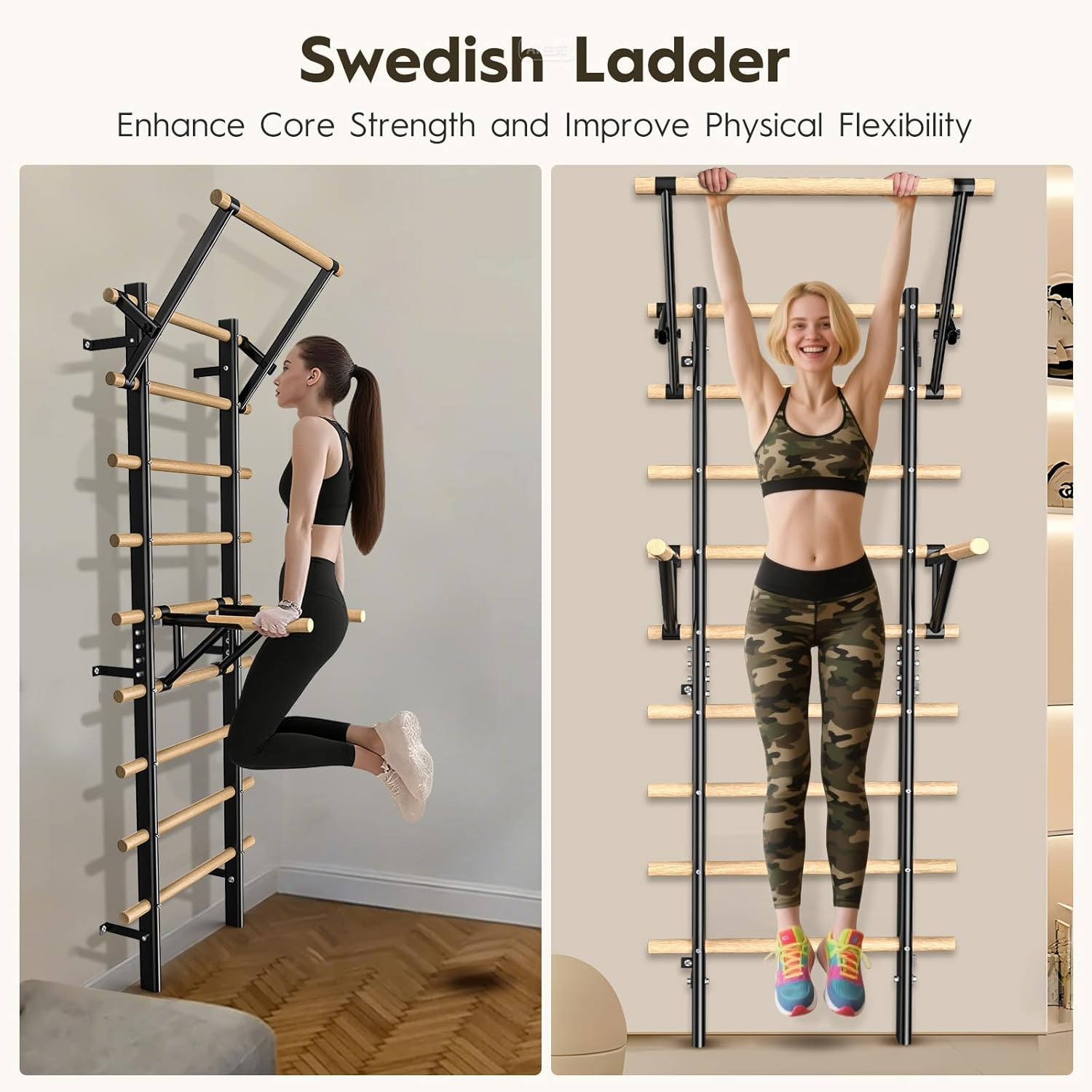 Wall-Mounted Climbing Frame with Pull-Up Bar & Dip Bars &ndash; 220 Cm Home Fitness Jungle Gym Made of Beechwood &ndash; Max. Load Capacity 250 Kg &ndash; for Strength Training, Calisthenics & Rehabilitation image number 1