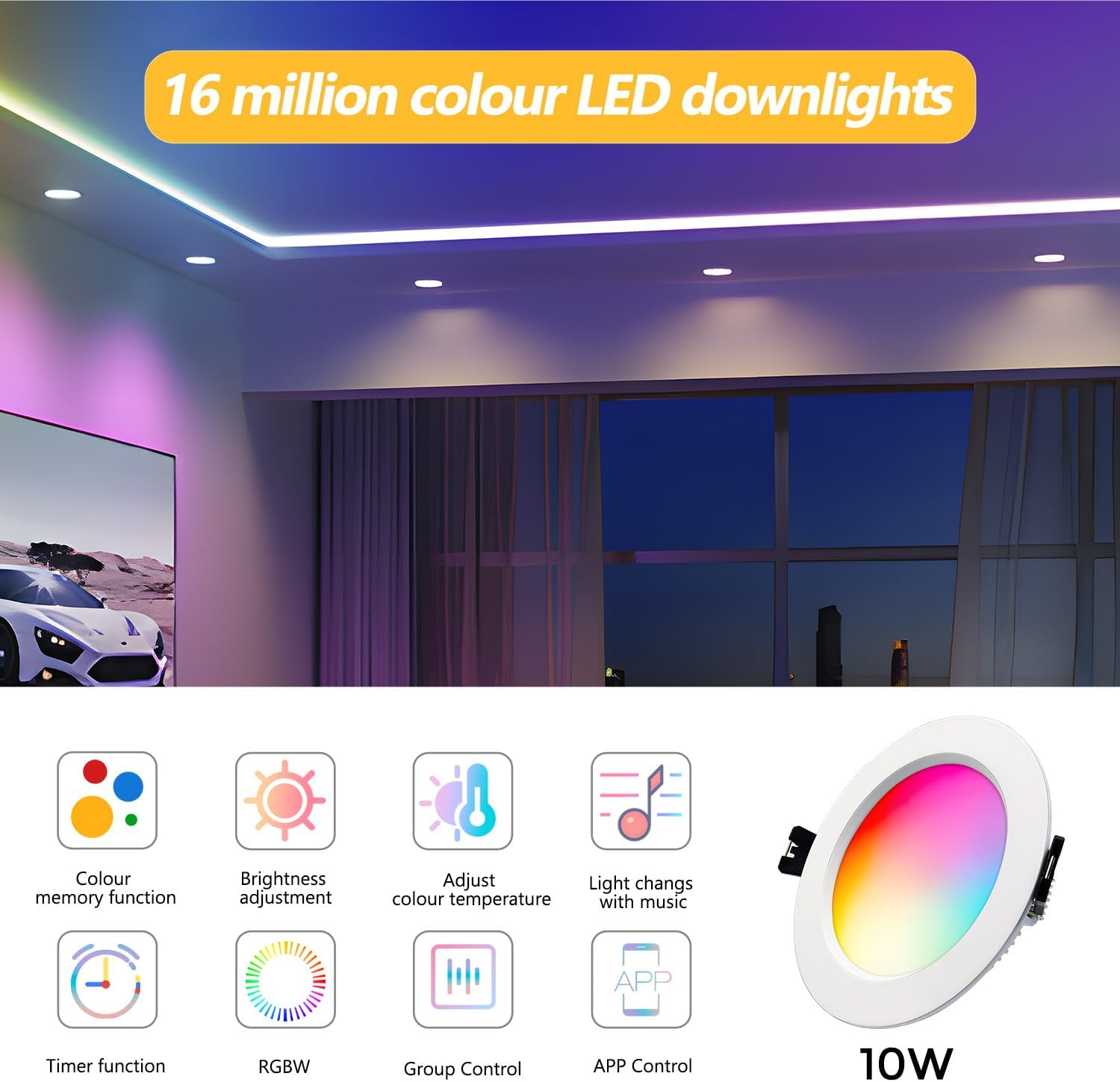 Arotelicht 10W Smart Downlight, Dimmable RGBW CCT 2700K-6500K LED Ceiling Light, Recessed 90-100Mm Cutout, Bluetooth APP Control Color Chaning Led down Lights for Ceiling image number 6
