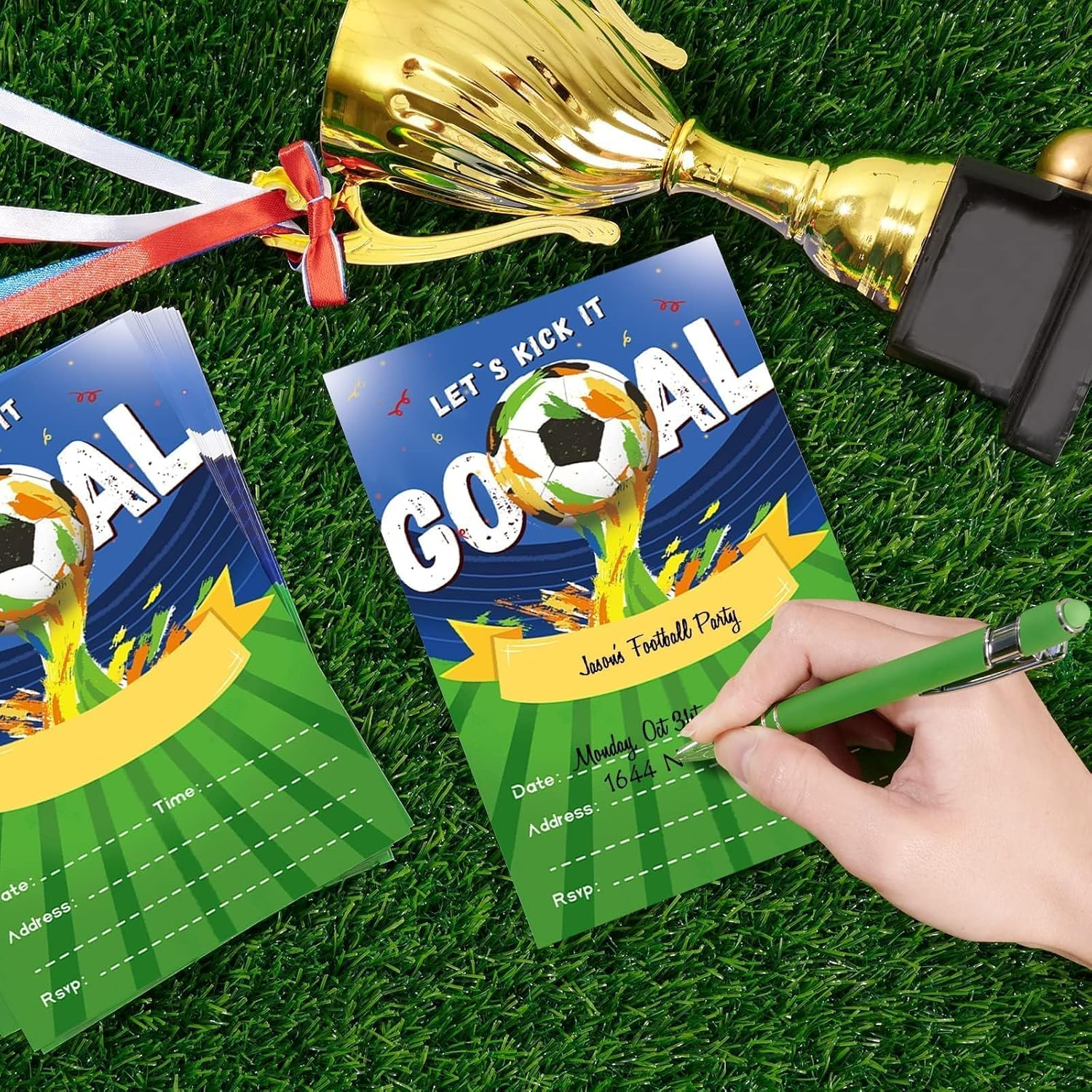 WERNNSAI 24 Set Soccer Birthday Invitations with Envelopes - Soccer Ball Birthday Party Supplies for Kids Boys Football Sport Blank Party Invites Cards with Goal Stickers for Baby Shower Celebration image number 4