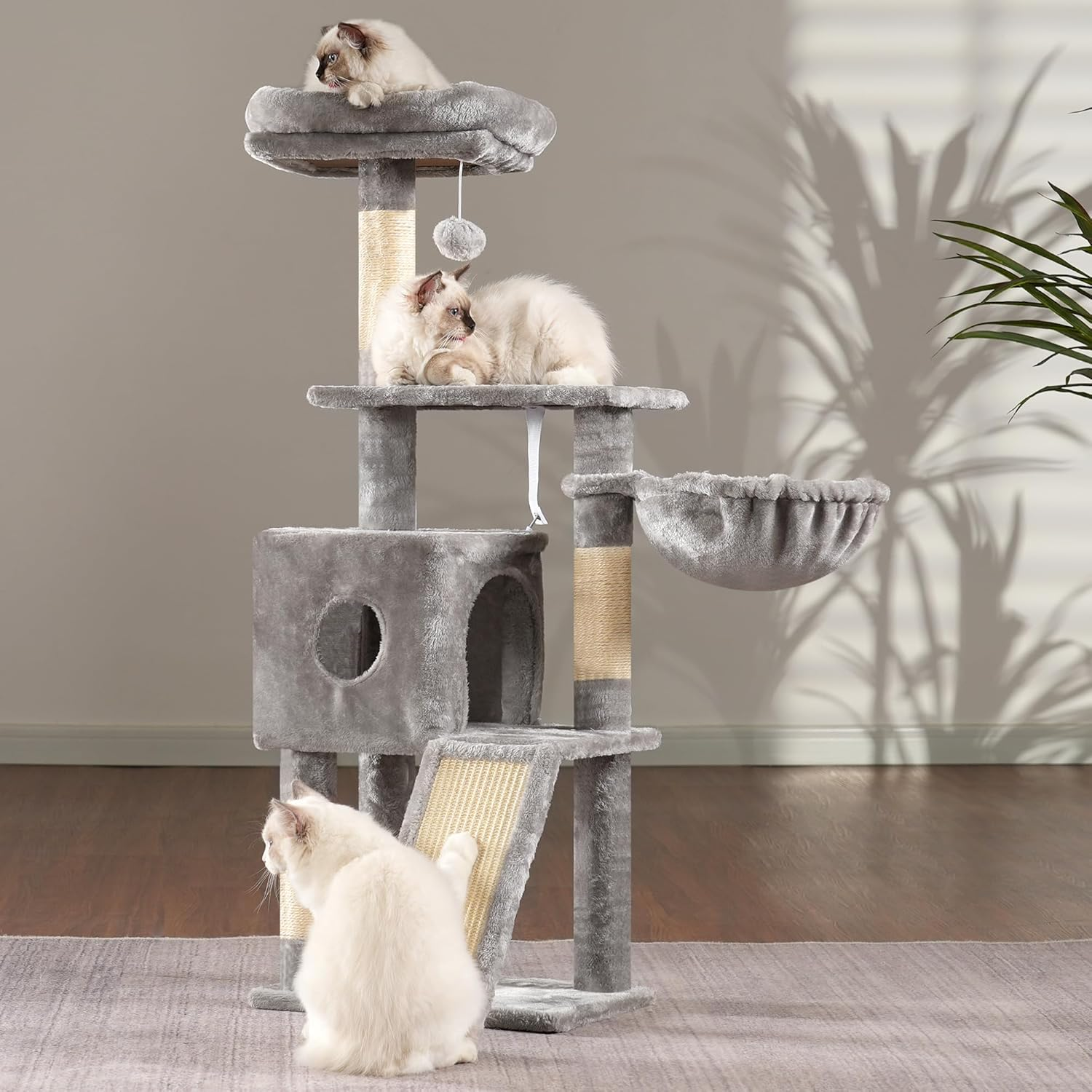Hey-Brother Cat Tree, 42.5-Inches Cat Tower for Indoor Cats, Plush Multi-Level Kitten Cat Condo with Scratching Post,Ramp, Basket, Spacious Cat Cave, Hanging Ball, Light Gray MPJ007SW image number 3