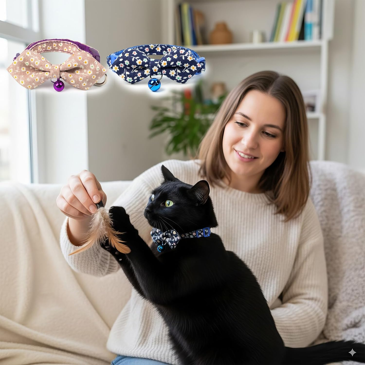 ARYIMYDP Pack of 2 Cat Collars with Safety Clasp and Bell, Adjustable Collar for Cats and Dogs, Lightweight Bow Design with Floral Pattern, Comfortable, Breathable (19-27 Cm) image number 4