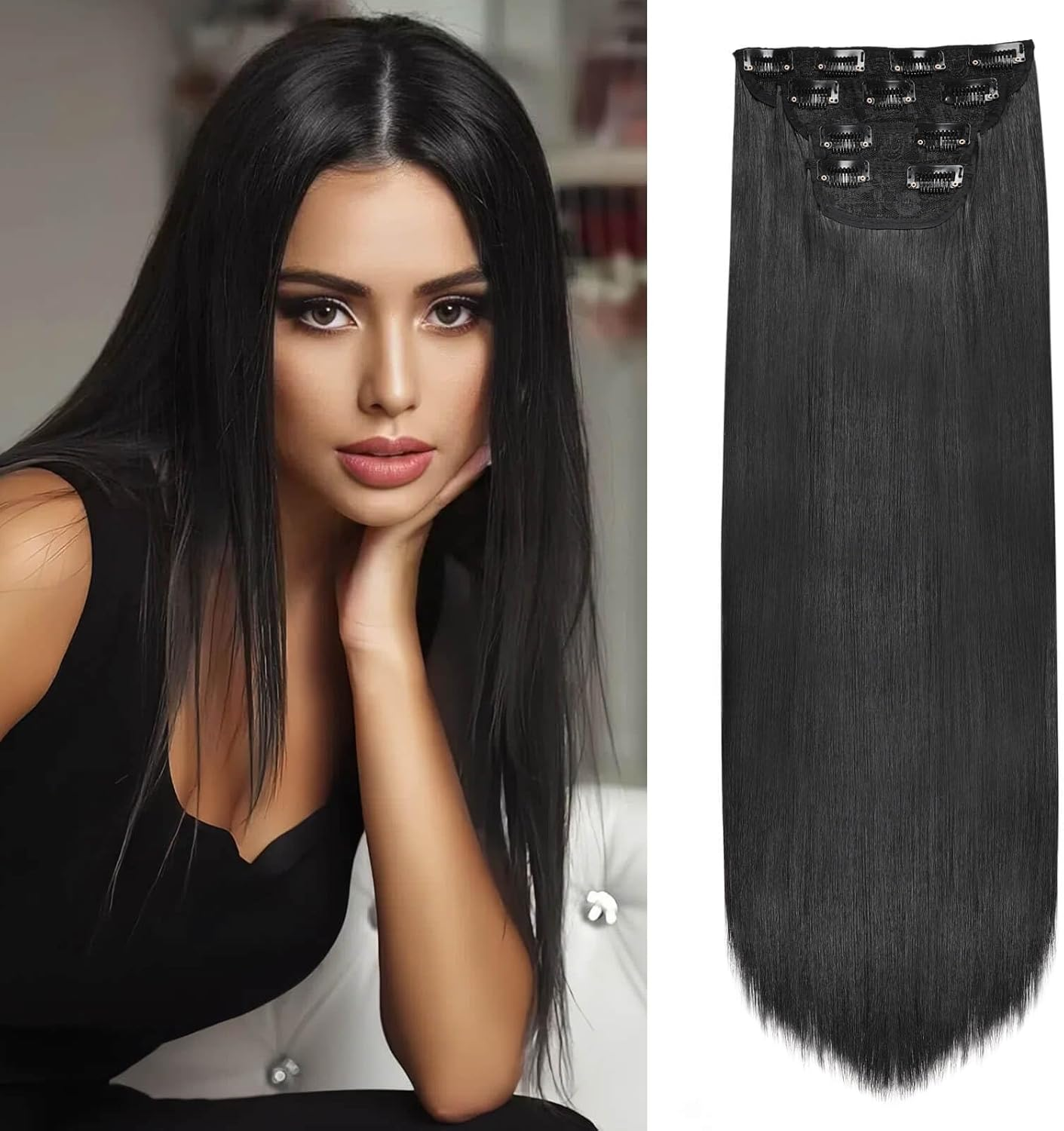 QUEENTAS 4Pcs Long Straight Black Clip in Hair Extensions for Women, Natural & Good Connectivity Hair Extensions Clip In(22Inch, 1B)