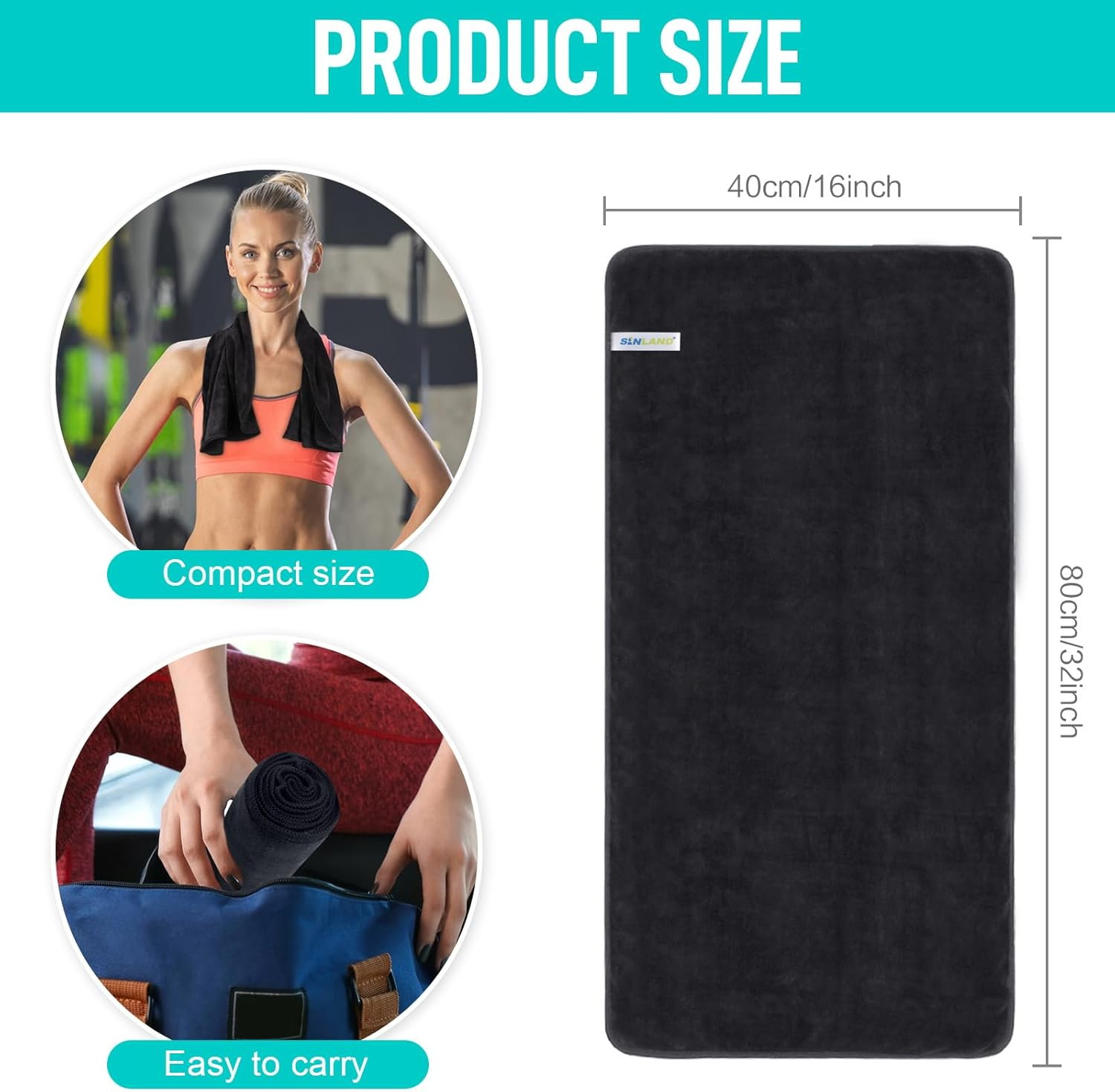 Sinland 3 Pack Multi Purpose Microfiber Gym Towels Fast Drying Sports Towel Super Soft and Absorbent Travel Camping Towels for Swimming Beach Hiking Yoga 40CM X 80CM Black image number 3