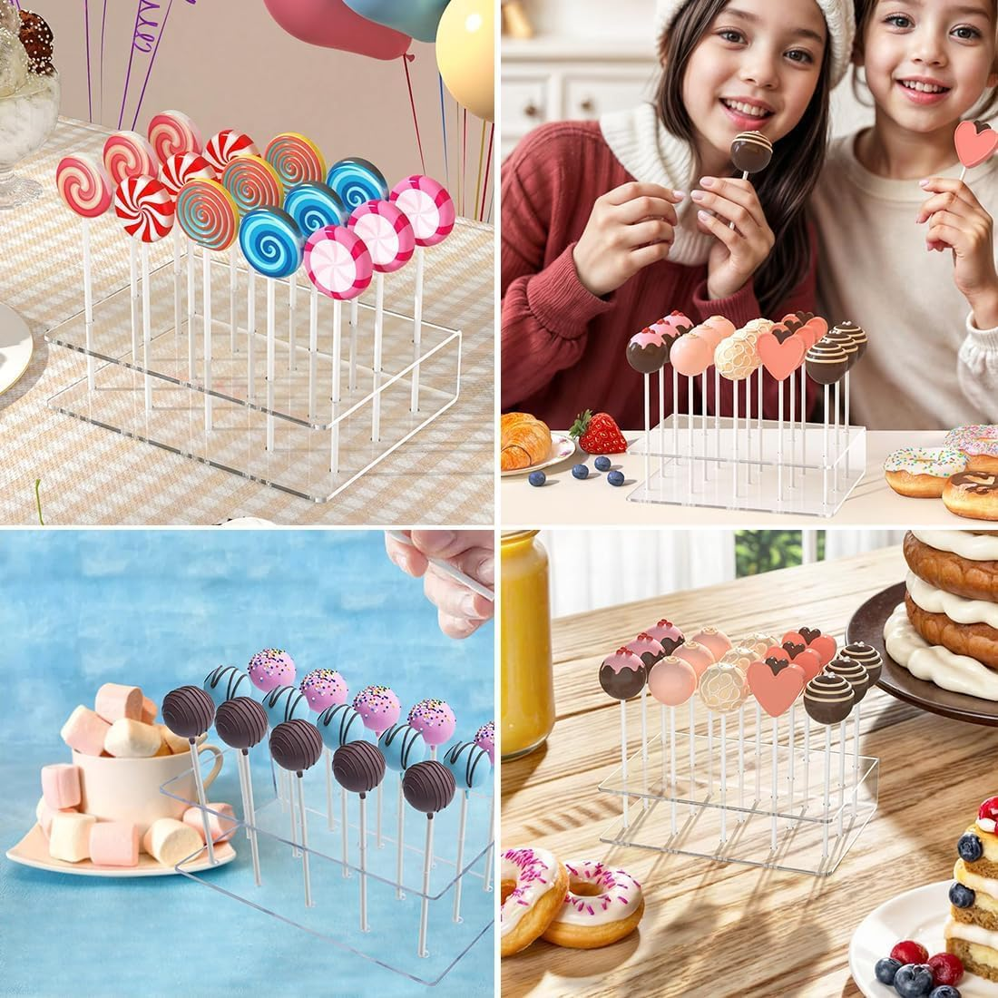 FOTOEVFC Acrylic Cake Pop Stand Holder, 20 Hole Display Stand with 100Pcs Lollipop Paper Sticks, Double Layer Design, Transparent image number 6