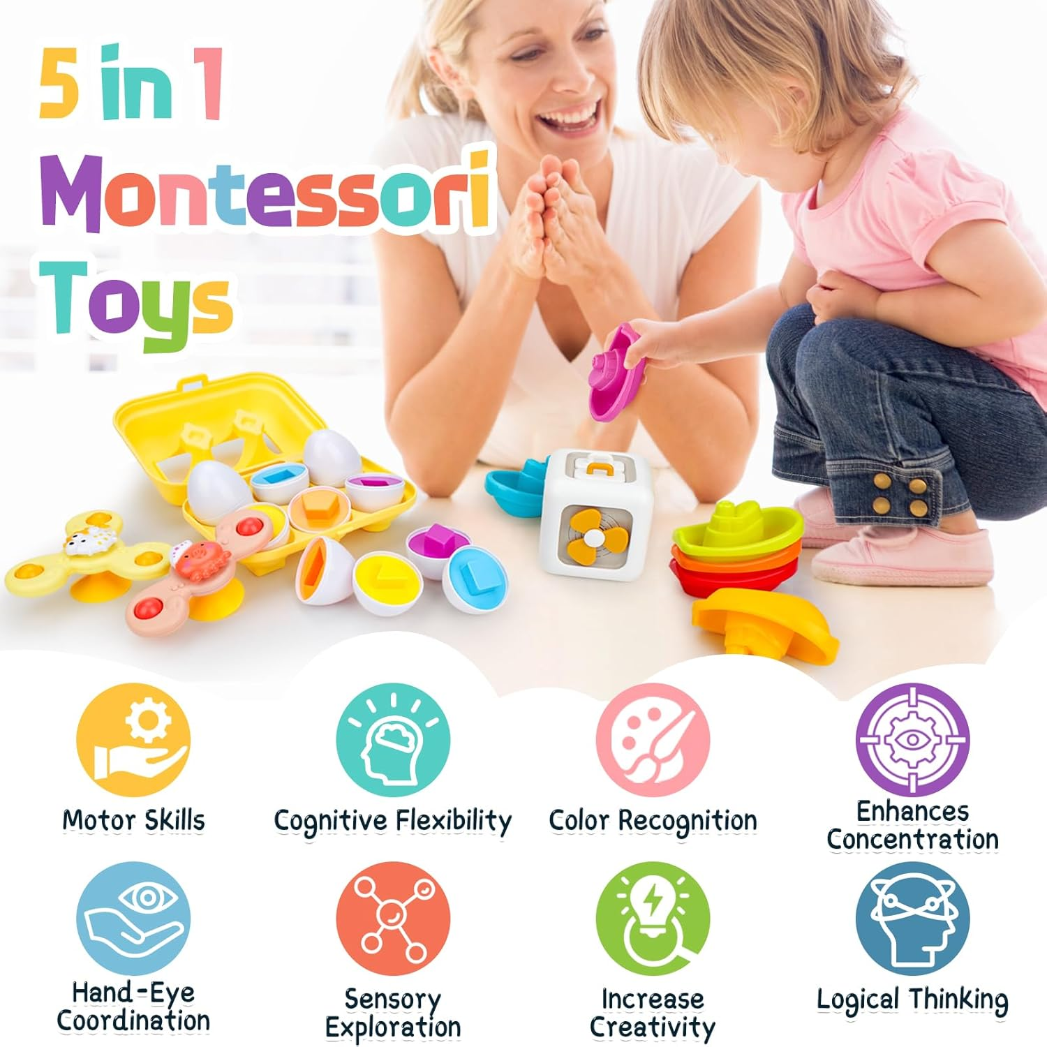 5 in 1 Montessori Toy Set for Toddlers 1 2 3 Year Old Baby Busy Activity Cube Baby Bath Suction Spinner Stacking Water Boat Matching Eggs Toys for Kids Travel Birthday Chirstams Bathtime Gift image number 3