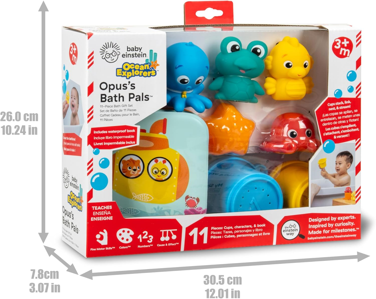 Baby Einstein Ocean Explorers Opus Bath Pals 11-Piece Gift Set, Waterproof Bath Book, Bath Cups, Animal Shape Bath Toys for Baby and Toddler, Ages 3 Months and Up image number 3