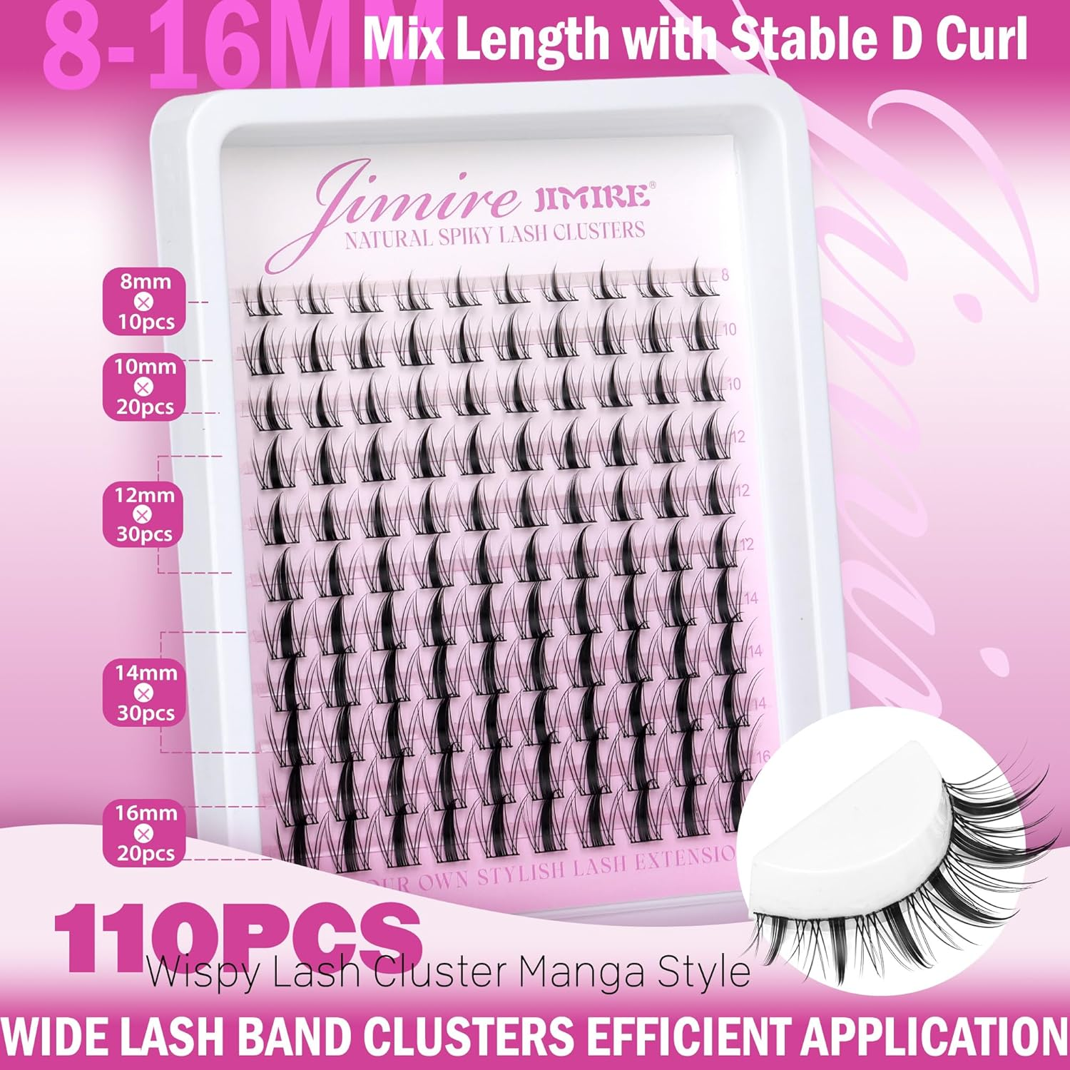 JIMIRE Lash Clusters Kit Manga Cluster Lashes Natural Look Wispy DIY Lash Extension Kit with Lash Bond and Seal Waterproof 110Pcs 8-16MM Wispy D Curl Individual Lashes Wet-Look Eyelash Extension image number 2