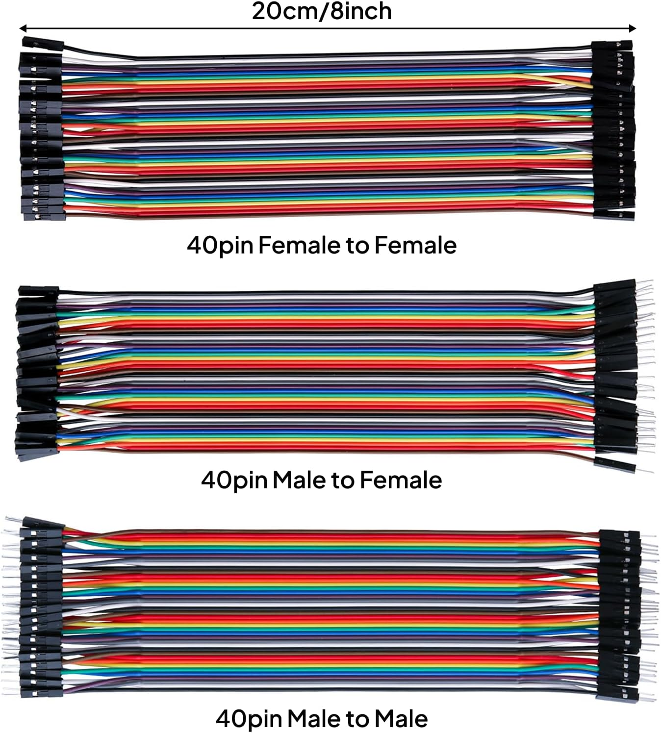 Elegoo 120Pcs Multicolored Dupont Wire 40Pin Male to Female, 40Pin Male to Male, 40Pin Female to Female Breadboard Jumper Wires Ribbon Cables Kit for Arduino