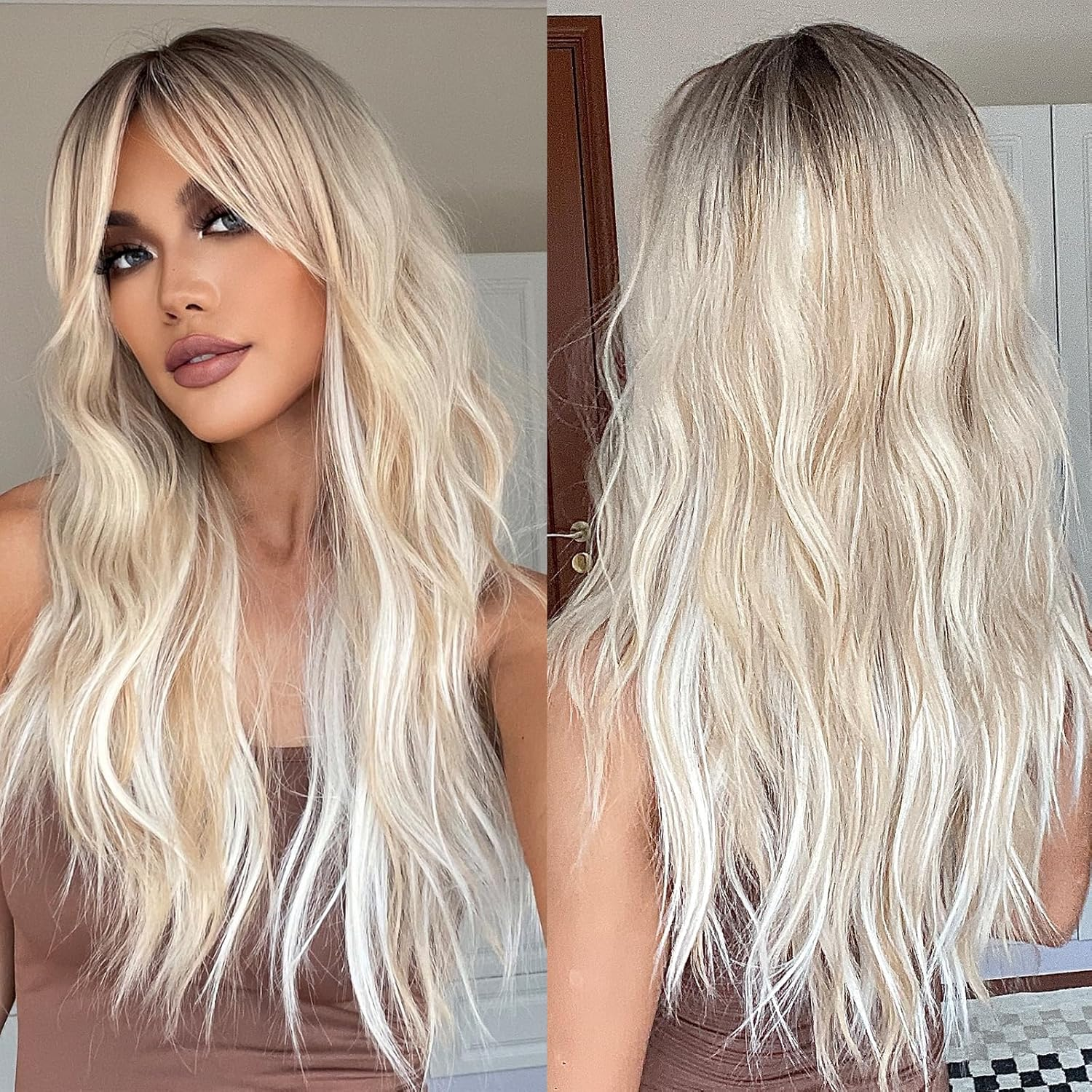 Allebll Women'S Long Wavy Black Wigs with Air Bangs for Women Afro Natural Looking Heat Resistant Synthetic Hair