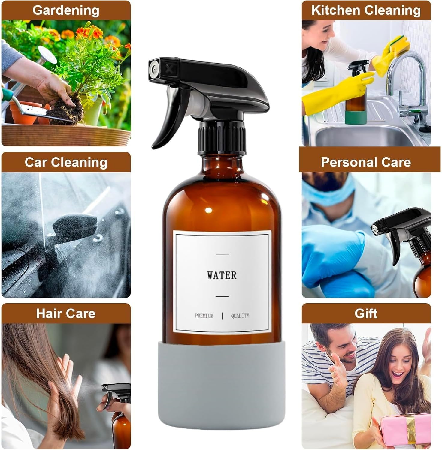 3 Pack Brown Glass Spray Bottles,Reusable Empty Cleaning Bottles for Plants, 3 Silicone Sleeves, 3Pcs Adjustable Nozzles (3) image number 2