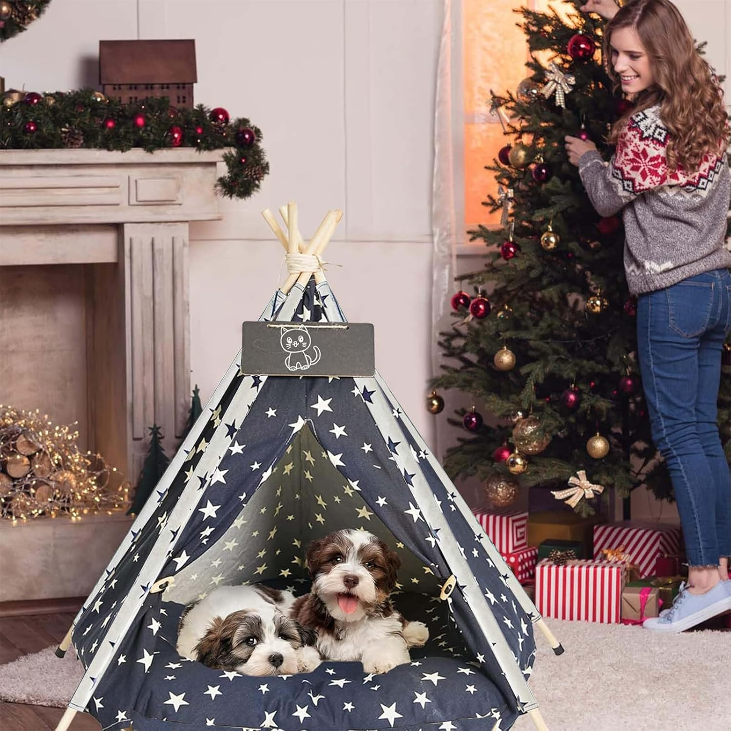 Pet Teepee Tent 60 Cm &ndash; Portable Indoor Dog and Cat Bed with Plush Cushion, Washable Navy Blue Stars Pattern Tent House, Ideal for Puppies and Kittens image number 2