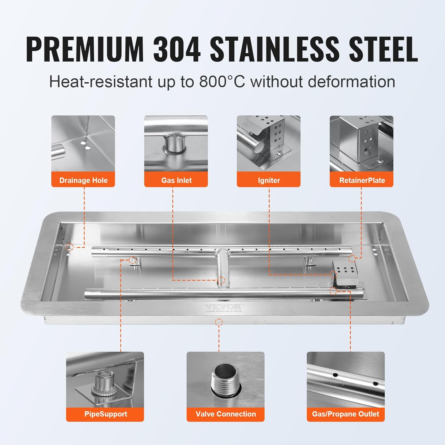 VEVOR 36 X 12 Inch Drop-In Fire Pit Pan, Rectangular Stainless Steel Fire Pit Burner Kit, Natural & Propane Gas Fire Pan 150,000 BTU with H-Burner for Indoor or Outdoor Use image number 3
